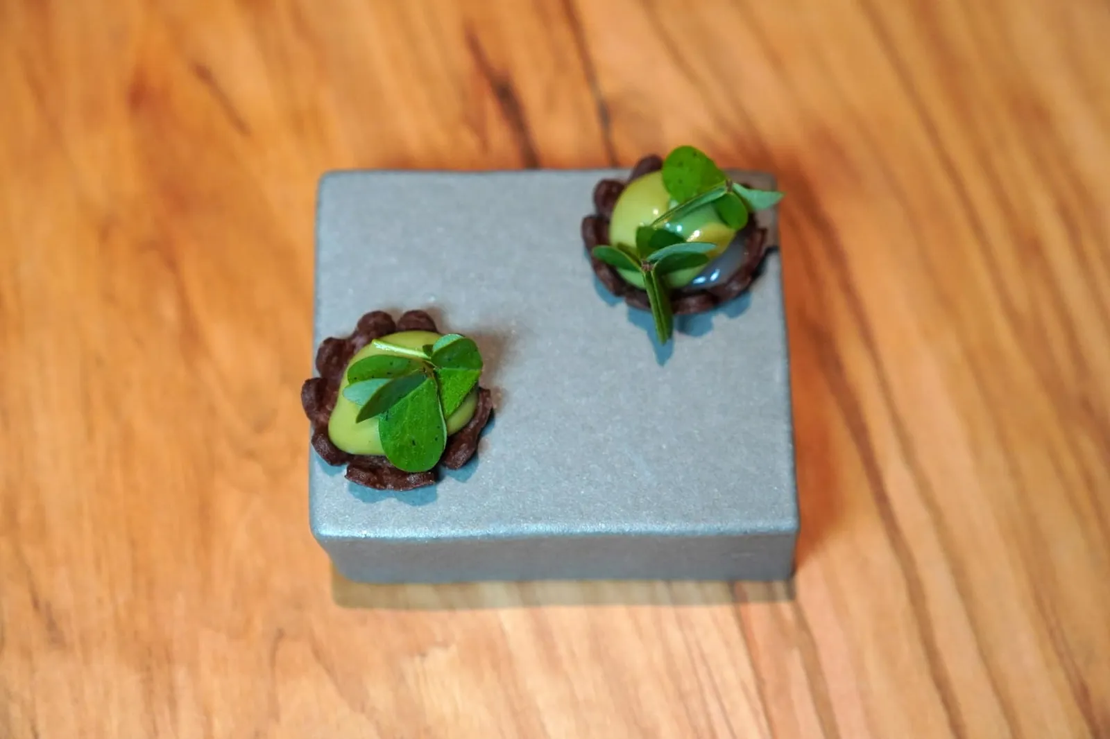 Mignardises สุดท้ายคือ Cocoa Tartelette & Oxalis เป็นมินิทาร์ตขนาดจิ๋วบรรจุองค์ประกอบของใบ Oxalis ตรงกลางนั่นเอง