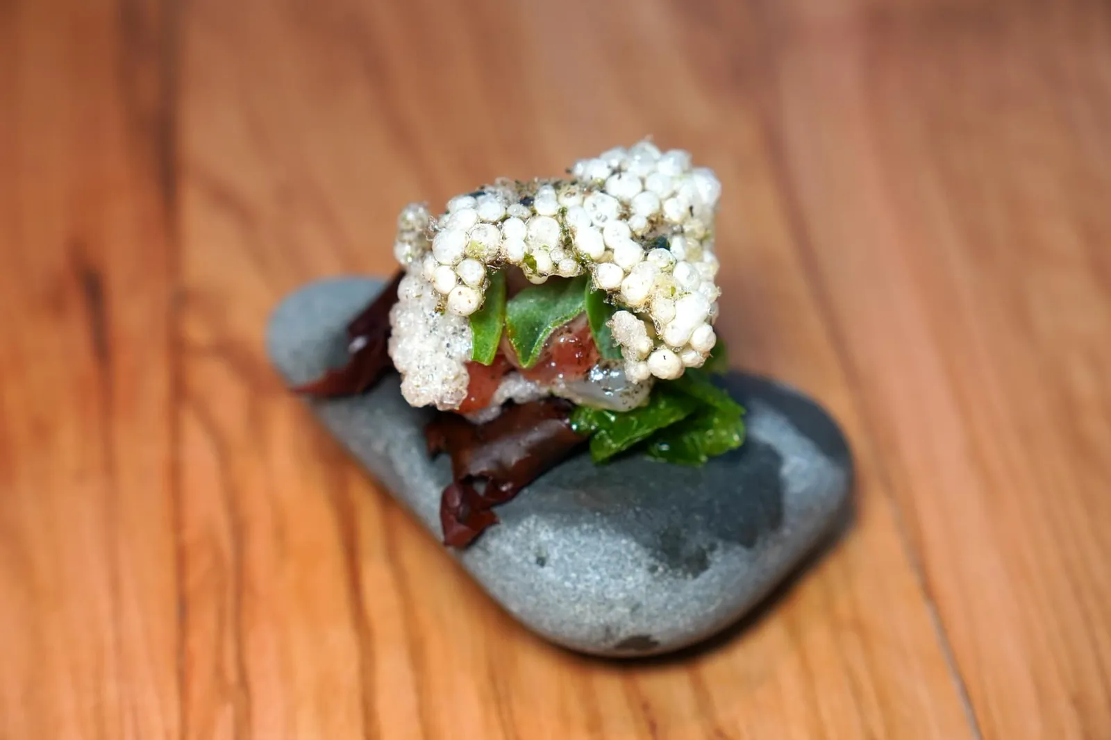 Amuse Bouches Tapioca chip หรือแผ่นสาคูกรอบ ด้านในคือองค์ประกอบของ Tuna Tartare หรือเนื้อปลาทูน่าที่สับจนละเอียดระดับหนึ่ง ด้านล่างรองด้วยสาหร่ายทะเลเสริมกลิ่นอายของทะเลให้เด่นชัดมากยิ่งขึ้น (19/20)