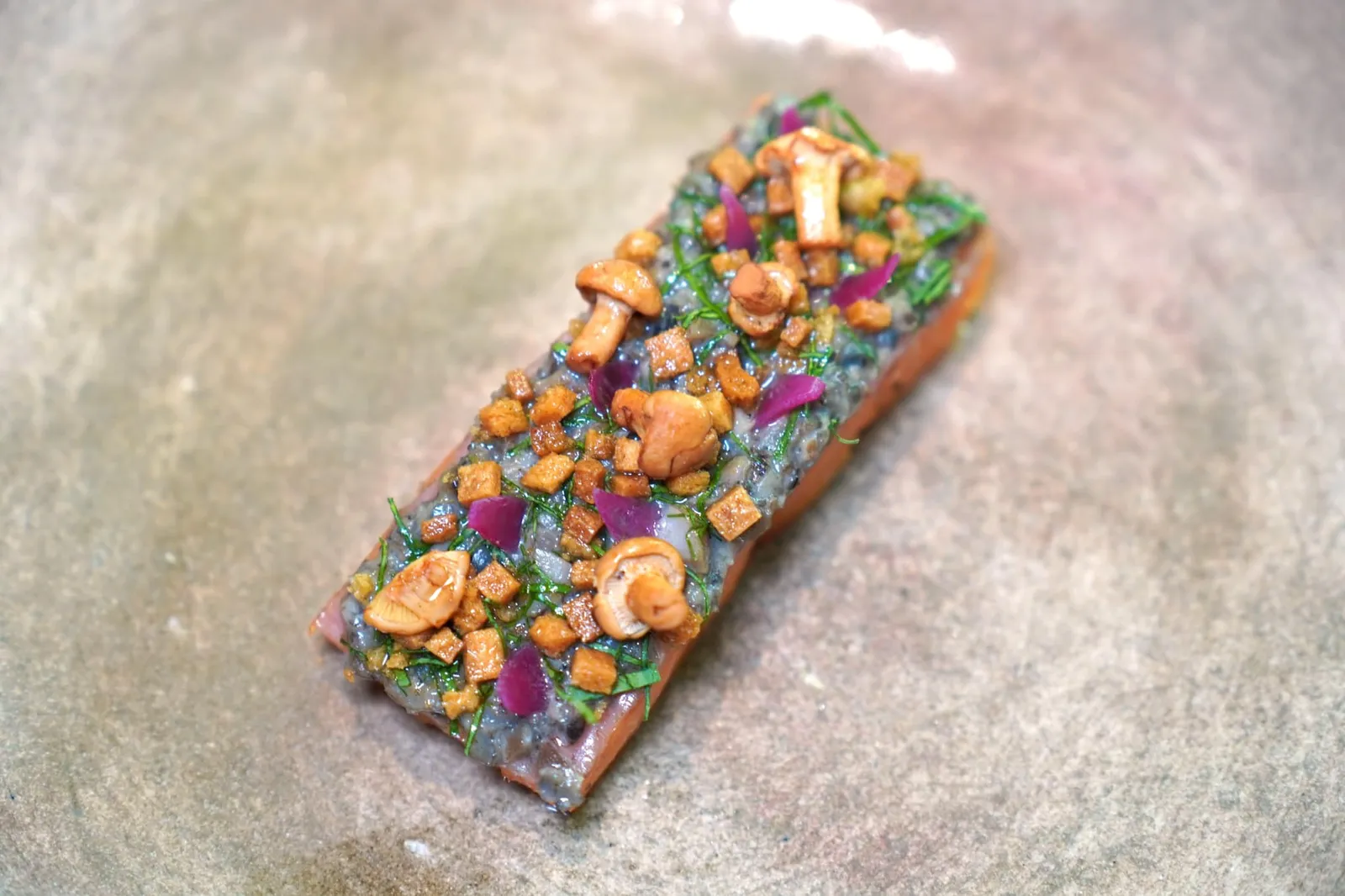 Trout, snails, Chignin-Bergeron sauce เนื้อปลา Trout แล่เป็น Fillet ซึ่งมีขนาดแตกต่างกันออกไปตามแต่ชนิดของเซ็ตเมนู เชฟนำไป Confit จนสุกได้ระดับ ด้วยอัตราส่วนไขมันในเนื้อปลาที่สูงทำให้ปลาเทร้าต์ในแถบนี้มีความนุ่มกว่าปกติ ด้านบนคือองค์ประกอบของหอยทากและเห็ดให้ Earthy Aroma และความหนึบเด่นชัด ยังมีความกรอบจากครูตองและองค์ประกอบของหอมแดงให้รสชาติเปรี้ยวเบา ๆ (16/20)