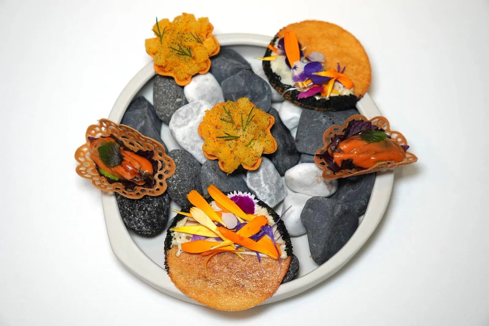 The horizon fades เริ่มต้นมื้อด้วย Amuse Bouche เสิร์ฟมาพร้อมกัน 3 อย่าง ชิ้นแรกคือ Mussels หรือหอยแมลงภู่นุ่ม ๆ ละลายในปากจับคู่กับองค์ประกอบของ Shiso และถั่ว Pistachio ถัดมาคือ Cheese Tartelette ด้านในบรรจุ Saffron Cream ส่งอโรมาหอมคลุ้งและรสชาติเปรี้ยว-เค็มไปทั่วปาก สุดท้ายคือ Squid Crackers หรือแผ่นทอดกรอบทำมาจากหมึกส่งกลิ่นหอมเฉพาะตัว ด้านบนท็อปด้วย Sardine Tarama และองค์ประกอบของสาหร่ายวากาเมะ (20/20)
