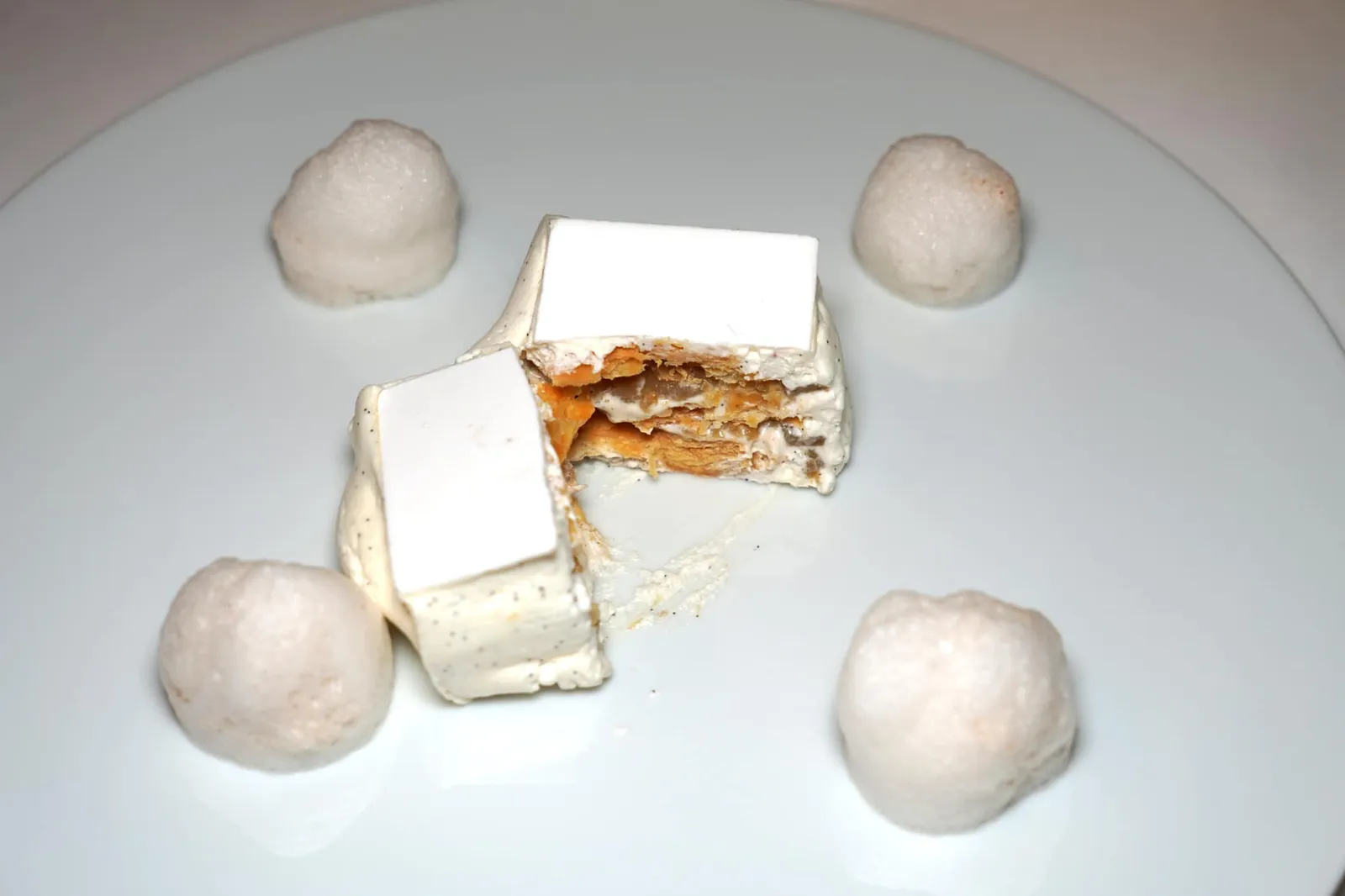 The White Millefeuille monochrome vanilla from Tahiti, jasmine, voatsiperifery ภาพตัดขวางแสดงถึงองค์ประกอบภายในของ The White Millefeuille (20/20)