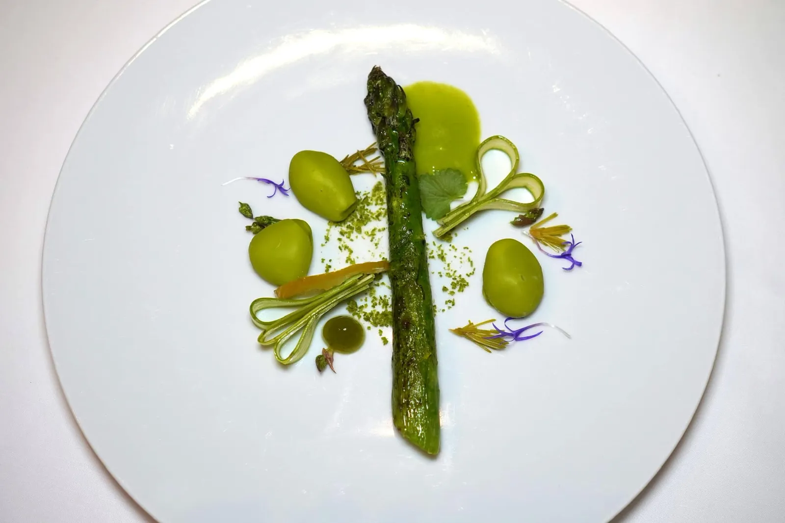 Green asparagus rushing to spring ground ivy, fire buds, combawa, shiso จานที่โดดเด่นมาก ๆ ในเซ็ตเมนูแห่งฤดูใบไม้ผลิคือหน่อไม้ฝรั่งคุณภาพสูง เชฟห่อด้วย Combawa หรือใบมะกรูดซึ่งเป็นหนึ่งใน Citrus ที่เชฟ Anne-Sophie ชื่นชอบมาก ๆ จากนั้นนำไปย่างแบบบาบีคิวจนสุกกำลังดี ผิวชั้นนอกกรอบเล็กน้อย มีกลิ่นหอมโดดเด่นแตะจมูก ด้านในให้ความหวานที่พอเหมาะและไร้ซึ่งรสชาติขม อีกหนึ่งองค์ประกอบที่โดดเด่นไม่แพ้กันคือไอศกรีมที่ทำมาจาก Green Shiso และองค์ประกอบของ Combawa ซึ่งจะแตกออกเมื่อเคี้ยวเพียงเบา ๆ ให้กลิ่นหอมและรสชาติที่จะช่วยเสริมให้หน่อไม้ฝรั่งจานนี้ออกมาสมบูรณ์ไร้ที่ติ (20/20)