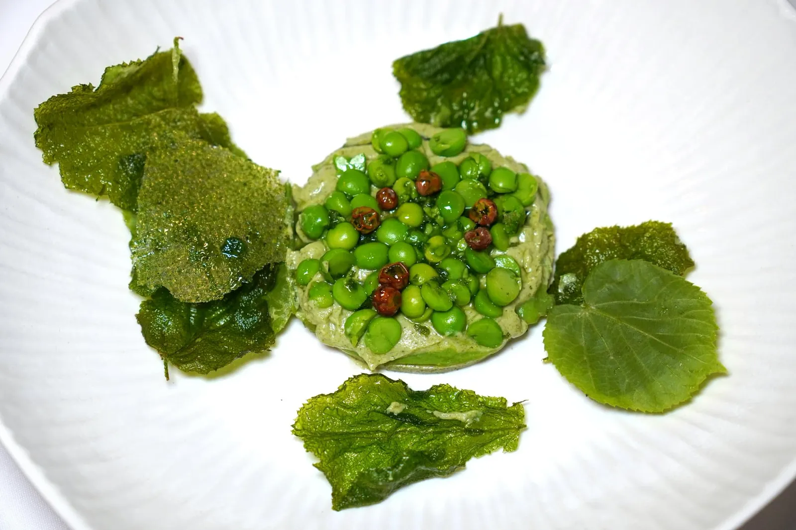 Garden peas pearls of the fine season linden, meadowsweet, tonka bean องค์ประกอบด้านบนคือใบ Linden ทอดและ Tonka Bean ช่วยเพิ่มมิติทางเนื้อสัมผัส (19/20)