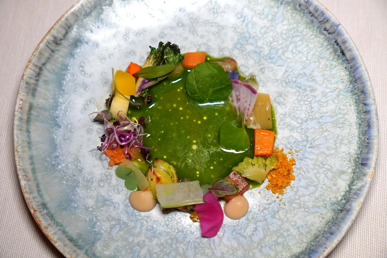 roots garden สุดยอด Signature Dish ของเชฟ Pascal Steffen คือเมนูที่มีชื่อว่า roots garden ประกอบไปด้วยผักและสมุนไพรกว่า 30 ชนิดที่ผ่านการต้ม รมควัน ย่าง ดอง และอื่น ๆ อีกมากมาย ตรงกลางคือองค์ประกอบของสาคูนุ่ม ๆ และ Portulak Sauce ที่เตรียมมาจากพืช Common Purslane ให้สีเขียวเด่นชัดแต่กลับไร้ซึ่งกลิ่นเหม็นเขียว ถือว่าเป็นจานที่เต็มไปด้วยความซับซ้อนและอร่อยสมกับที่ไม่เคยถูกถอดออกจากรายการเมนูมานานกว่า 5 ปี (17/20)