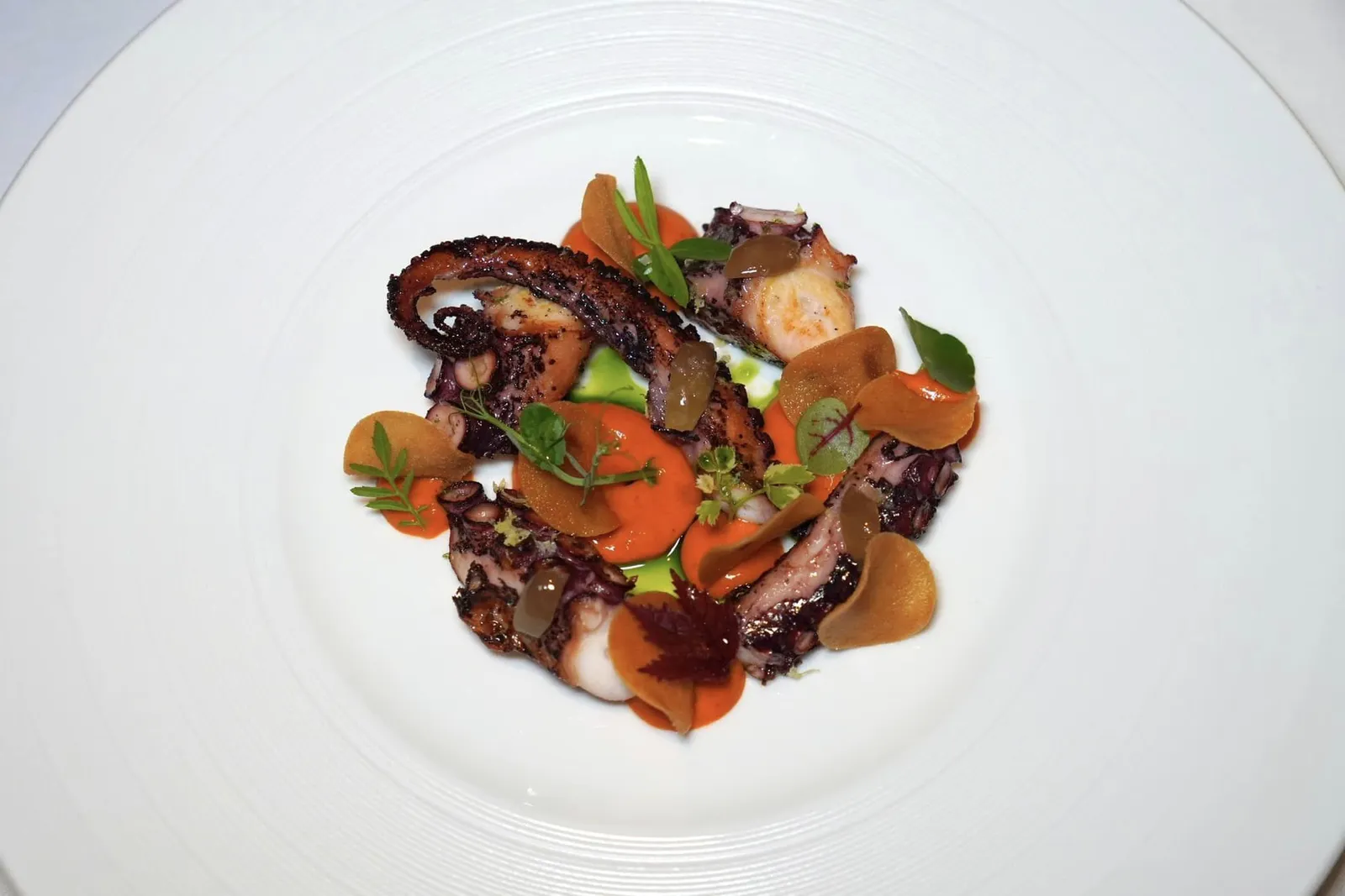 Roasted Octopus (1,090++) Mediterranean Octopus, Peperonata Sauce, Olives, Carasau Bread Chips หนวดหมึกยักษ์จากท้องทะเล Mediterranean ที่ผ่านการ Slow-cooked แล้วย่างต่อจนหอมกลิ่นถ่านเสิร์ฟมาคู่กับ Peperonata Sauce หรือซอสที่มีองค์ประกอบของพริกหวาน จากนั้นจึงจัดวางชิ้นมะกอกและขนมปัง Carasau กรอบ ๆ ที่มีแหล่งกำเนิดมาจากหมู่เกาะ Sardinia ลงไปด้านบน