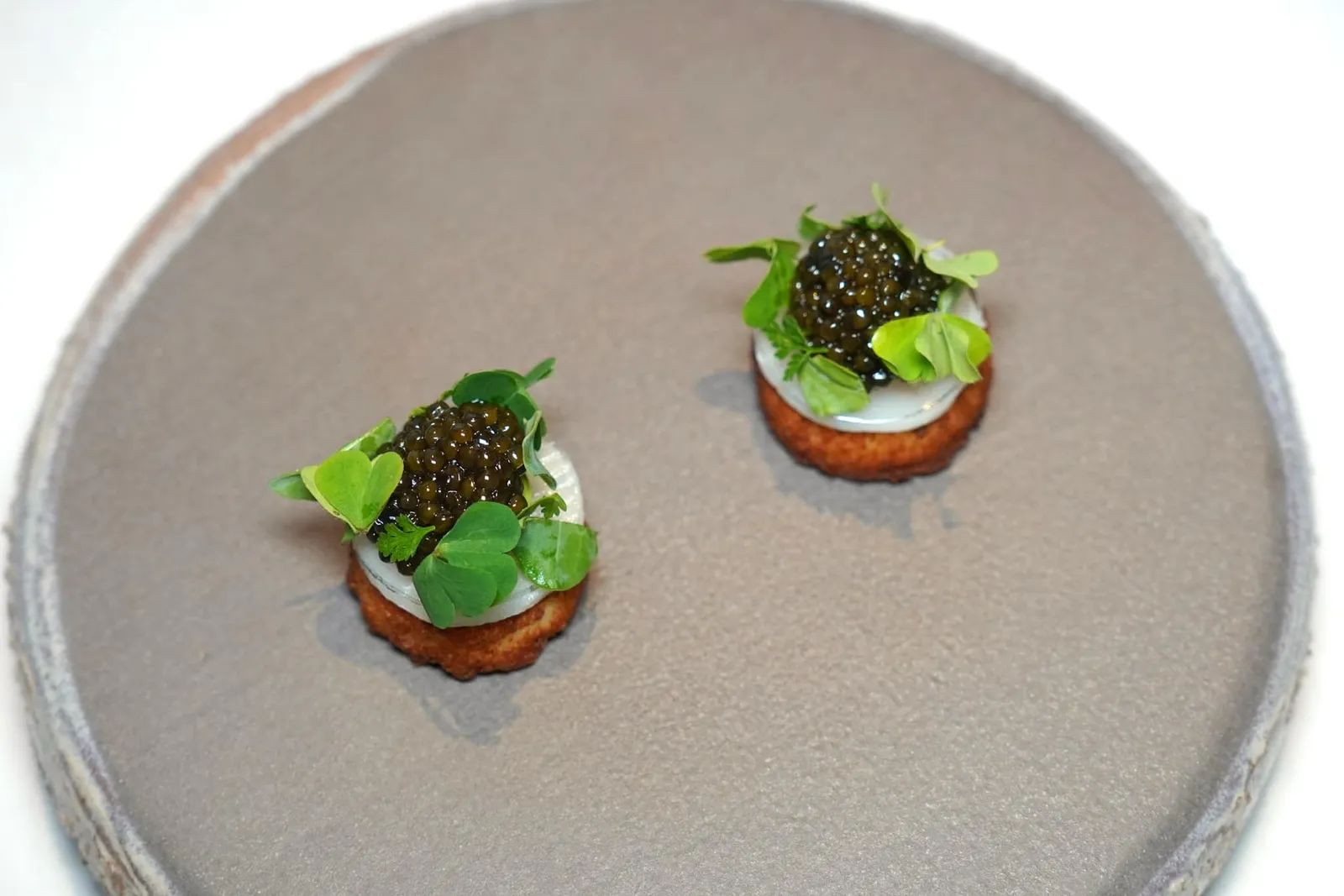 Cod Fish in Different Textures / Kaviari Oscietra Caviar / Chive Emulsion / Sorrel & Chervil ปลาค็อดเตรียมมาในบักษณะของโดนัทกรอบ ๆ มีรูตรงกลาง คั่นด้วยเลเยอร์ของปลาค็อดหมัก ด้านบนท็อปด้วย Oscietra Caviar คุณภาพสูงแบรนด์ Kaviari มาแบบล้น ๆ (18/20)