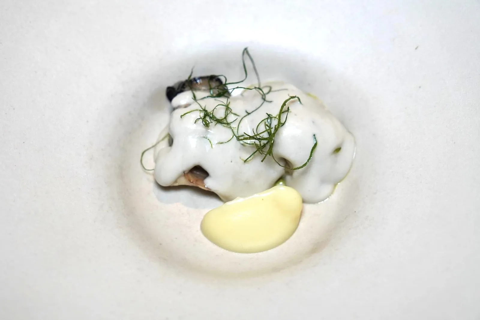 BBQ Oyster / Chili & Garlic / Kaffir Lime หอยนางรม Ostra Regal เบอร์ 2 ย่างแล้วเสิร์ฟมาแบบอุ่นจับคู่กับ Purée ที่เตรียมมาจากกระเทียม ด้านบนคือเห็ดนางรมนุ่มหนึบตัดกันกับความครีมมี่ของหอยนางรมได้เป็นอย่างดี สุดท้ายเชฟจะราด Pil Pil Sauce ที่เตรียมมาจากกระเทียมเสริมด้วยพริกรวมไปถึงใบมะกรูดซอยลงไปที่ด้านบน (15/20)