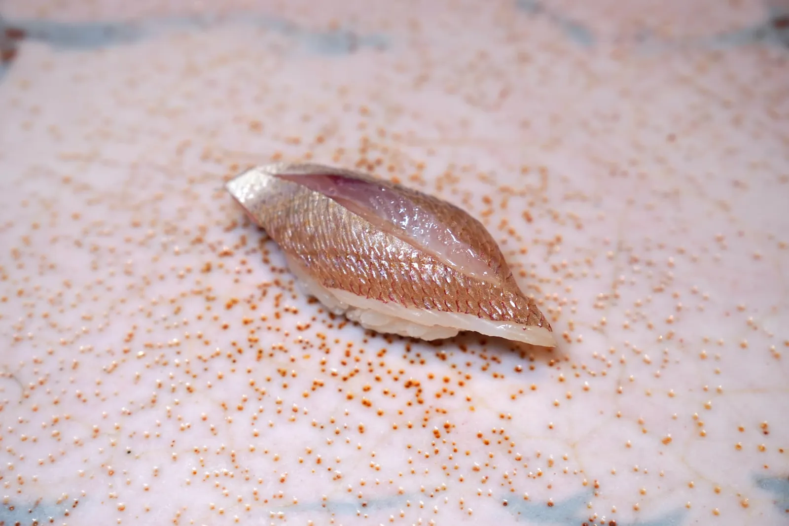 KASUGODAI Young sea bream from Kyushu “คาซูโกะได” หรือปลาในกลุ่ม Sea Bream จากเคาะ Kyushu ที่เชฟนำไปหมักในสาหร่ายคอมบุแล้วปรุงรสด้วยเกลือจาจากหร่ายคอมบุและ Sudachi หรือมะนาวญี่ปุ่นนั่นเอง
