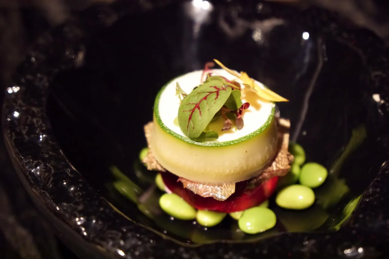 HIYAYAKKO Classic cold Tofu salad, with Tentsuyu sauce and black summer truffle สลัดเต้าหู้รสเด็ด เเละเป็นจานที่อร่อยที่สุดจานหนึ่งจองวันนี้ เต้าหู้เนื้อนิ่ม พันรอบด้วยแตงกวา กลิ่นแตงกวาไม่แรงจนเกินไป มีถั่วลันเตา ทอปด้านบนเห็ดด้วยทรัฟเฟิลดำ ทีเด็ดคือราดซอสเท็นซูยุคล้ายซอสเทมปุระ รสหวานอมเปรี้ยว เข้ากันดีมาก อร่อยกว่าที่คาดจริงๆ (14/20)