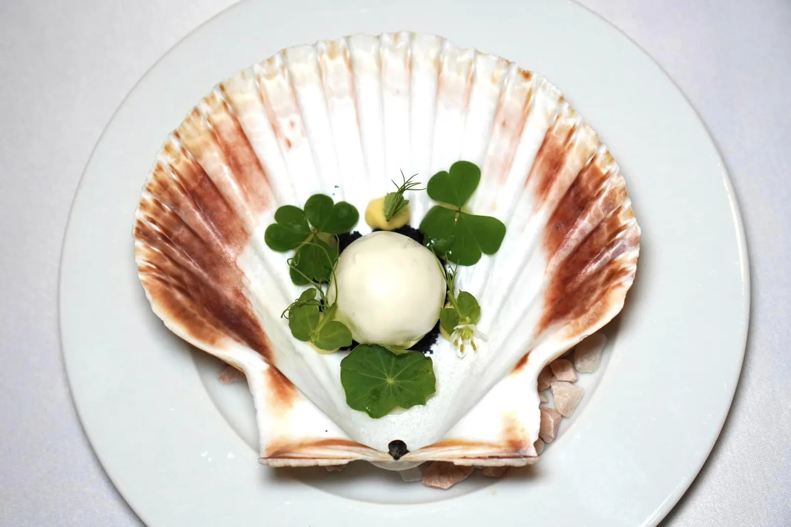 AMUSE BOUCHE Crab Pearl | Black Pepper Gel | Tom Yum Powder ไข่มุกทรงกลมที่เตรียมมาจากเนื้อปูรองด้านล่างด้วยผงกรอบ ๆ ที่มีกลิ่นอายของเครื่องเทศต้มยำแบบไทย