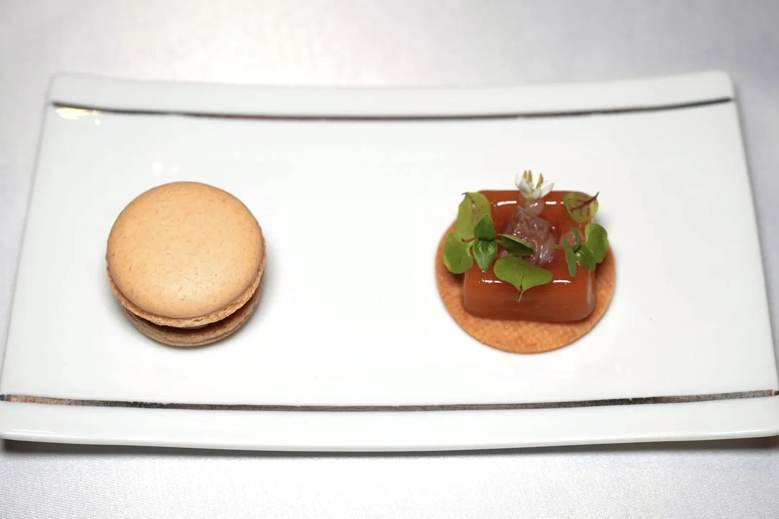 AMUSE BOUCHE Tomato Mousse | Basil | Fermented Tomato | Anchovy ฝั่งขวามือคือมูสมะเขือเทศที่เตรียมออกมาได้เนื้อเนียนละเอียด รสชาติเปรี้ยวอุมามิ ด้านล่างรองด้วยซาเบลกรอบ ๆ ตัดเนื้อสัมผัสกันอย่างลงตัว (14/20) AMUSE BOUCHE Macaron | Foie Gras | Truffle ฝั่งซ้ายมือคือ Macaron ทำมาจากถั่วอัลมอนด์ มีกลิ่นหอม เนื้อสัมผัสค่อนข้างหนึบตามแบบฝรั่งเศสดั้งเดิม ด้านในเป็นมูสฟัวกราส์และทรัฟเฟิลที่ผสานกันออกมาได้อย่างลงตัวโดยจะมีความครีมมี่และมีกลิ่นหอมของทรัฟเฟิลพอเหมาะ (14/20)