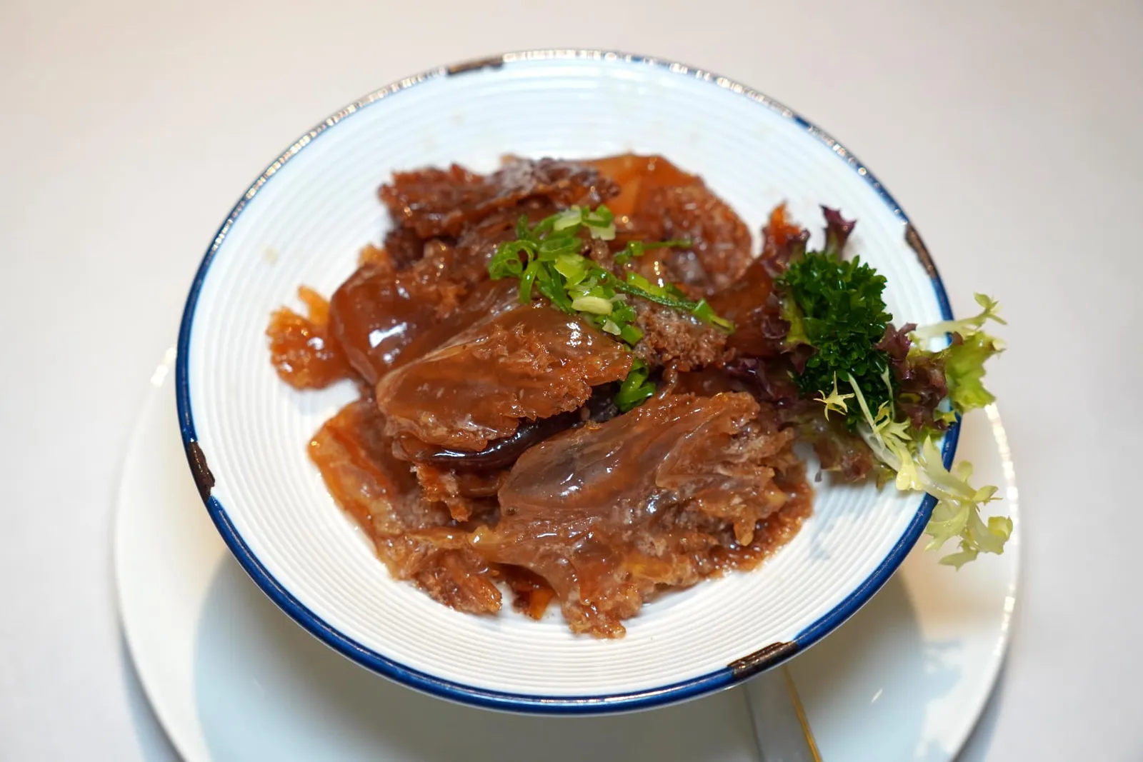 蔥油海蜇頭 (148 HKD+) Jelly fish with spring onion and sesame oil สำหรับเมนู À La Carte เราเริ่มต้นด้วยแมงกระพรุนเย็นคุณภาพสูง เคี้ยวกรึบ ๆ ไร้ซึ่งกลิ่นคาวเสิร์ฟมากับต้นหอมและน้ำมันงาหอม ๆ (16/20)