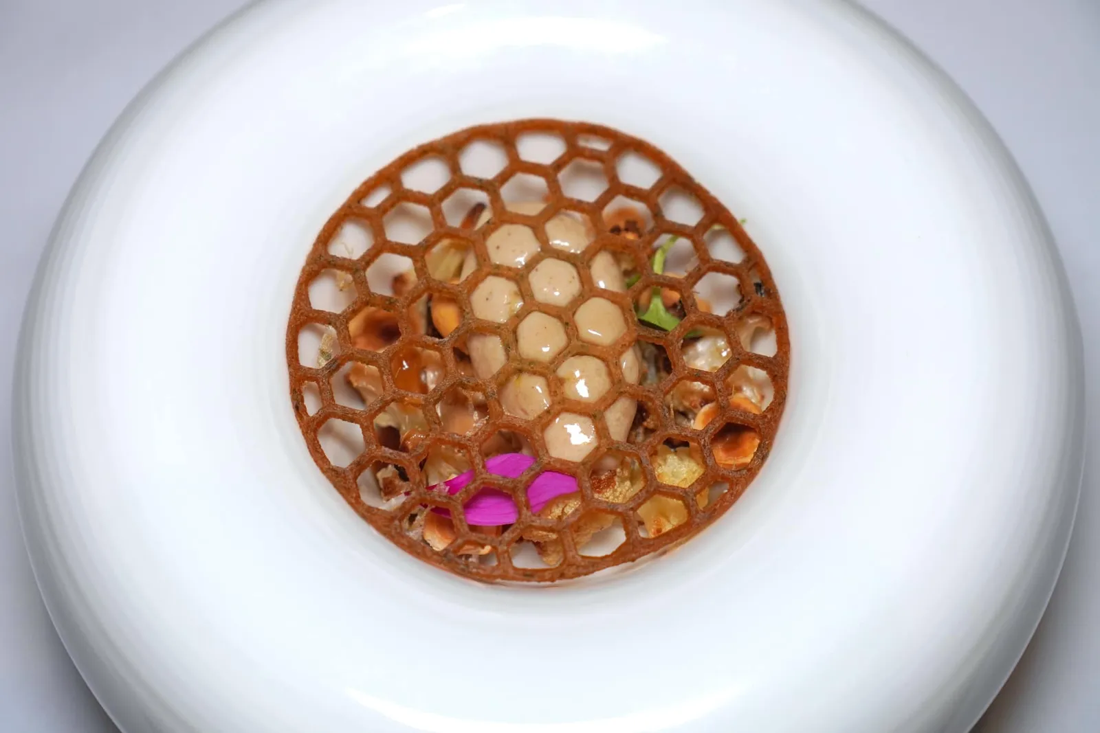 'Cauliflower Cheese' Roasted Cauliflower, Hazelnut, Onion and Balsamico Nectar, Cauliflower & Roquefort Ice Cream จานนี้เชฟตั้งใจสร้างความหลากหลายหรือมิติทางเนื้อสัมผัสโดยใช้กะหล่ำดอกย่างจับคู่กับความกรอบของถั่วฮาเซลนัทคั่วและหัวหอม ไอศกรีมตรงกลางเตรียมขึ้นมาจากกะหล่ำดอกผสมผสานกับ Roquefort ซึ่งเป็น Blue Cheese แต่กลับมีกลิ่นฉุนไม่มากนักเพราะได้รับการลดทอนด้วยความหวานจากกะหล่ำดอกนั่นเอง ด้านบนสุดคือแผ่น Tuile กรอบเตรียมมาจากผักชีนั่นเอง (15/20)