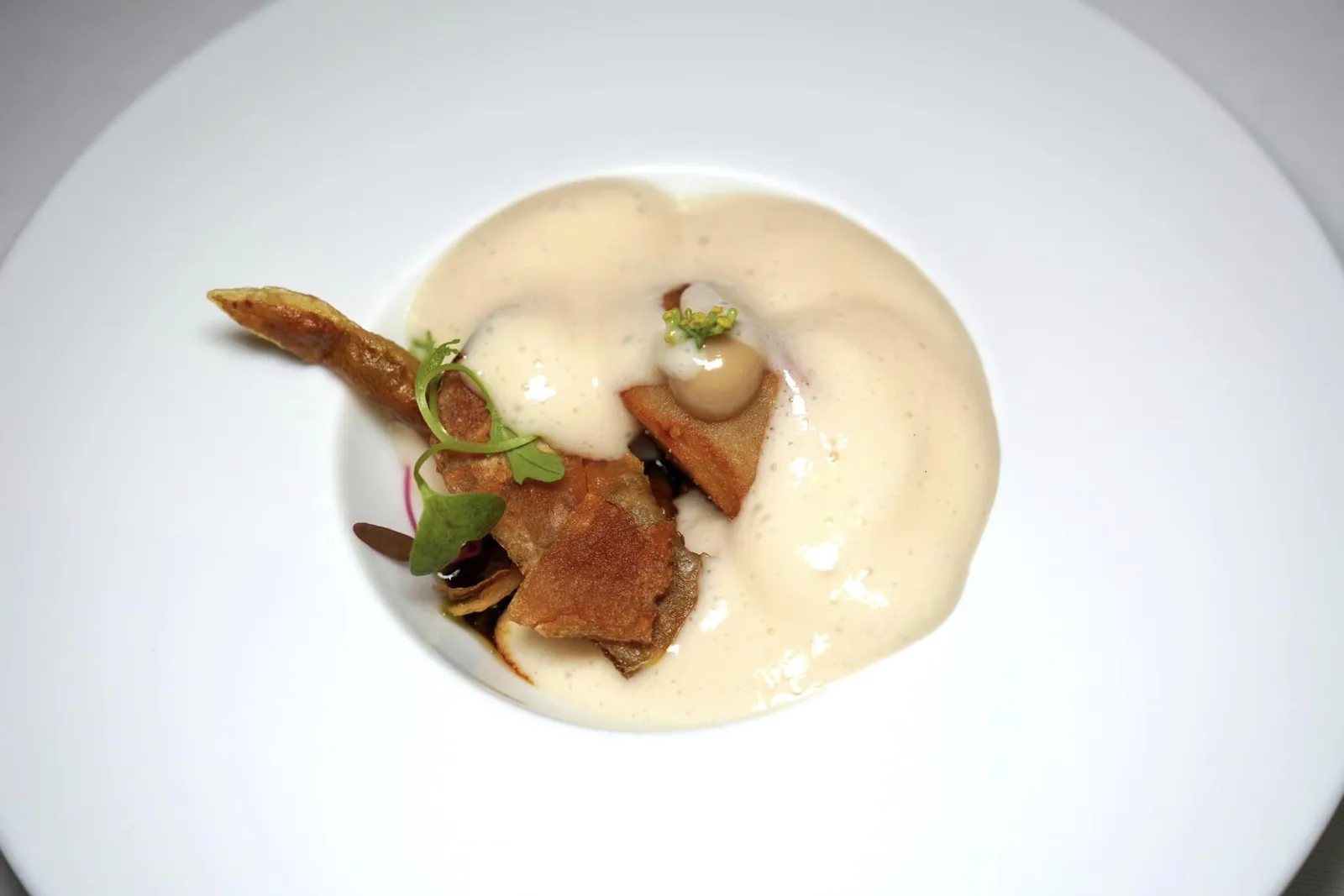 Potato on Potato on Potato Potato Pavé, Potato Skin & Pringles Espuma, Mussel and Mushroom Fricassée, Rosemary จากนั้นพนักงานจะเทราดโฟมที่เตรียมมาจากมันฝรั่งยี่ห้อ Pringles สีเขียวรส Sour Cream & Onion ลงไปด้านบนชวนนักถึงความคุ้นเคยอย่างบอกไม่ถูก อย่างไรก็ตามเรารู้สึกว่าด้วยกบิ่นและปริมาณของโฟมที่ราดลงไปกลบรสชาติและเนื้อสัมผัสขององค์ประกอบอื่น ๆ โดยเฉพาะ Fricassée ไปมากพอควร (14/20)