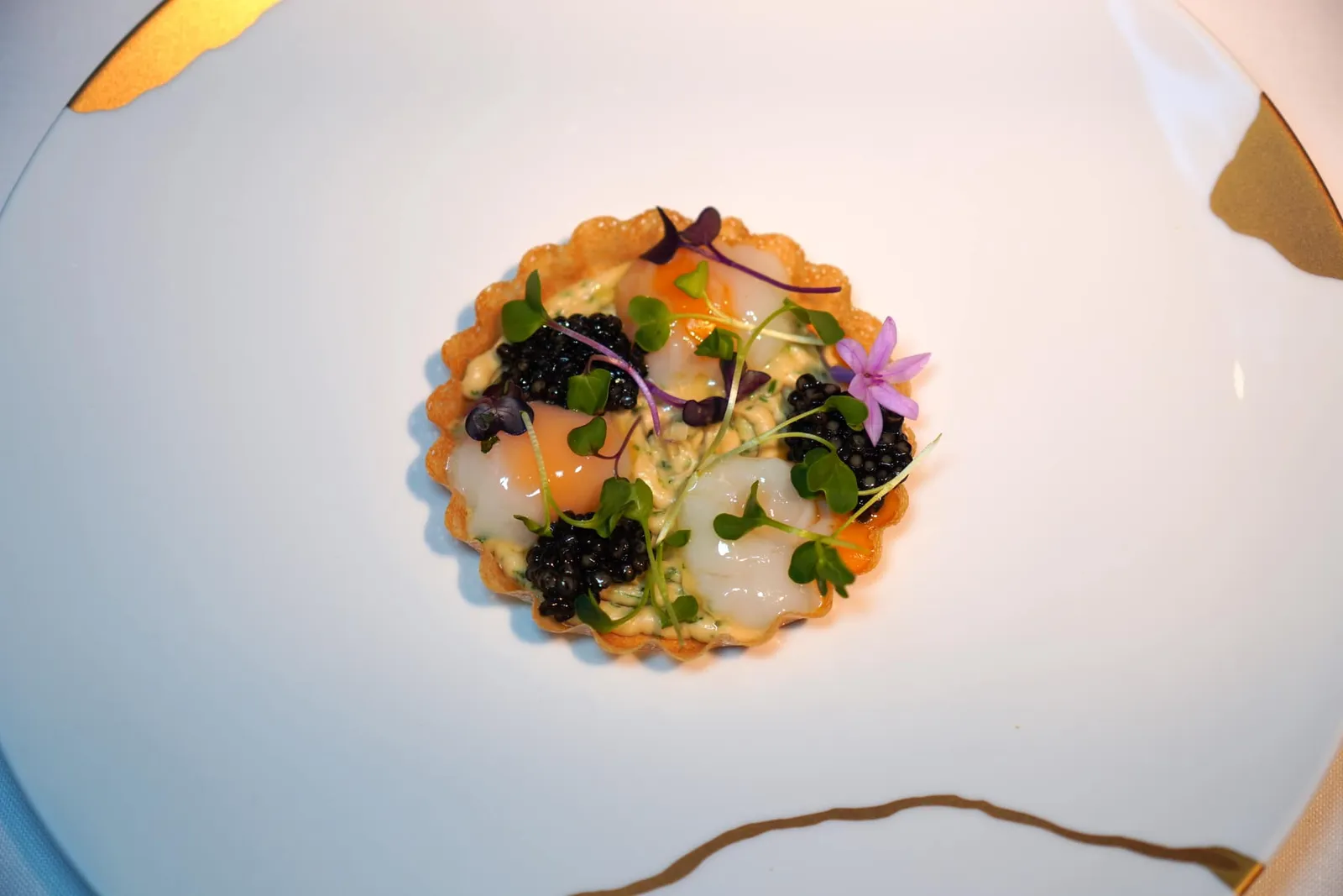 Recipe 11 Quail eggs with caviar รายการเมนูลำดับที่ 11 เป็นทาร์ตบางกรอบ ด้านในบรรจุไข่นกกระทาท้องถิ่นเสิร์ฟมาแบบกึ่งสุกกึ่งดิบขนาบข้างกันไปกับคาเวียร์จากฟาร์มชื่อดังในแคว้น Andalusia ด้านล่างรองด้วยครีมที่เตรียมมาจากกระเทียมต้น ต้นหอม และซีอิ๊วนั่นเอง พนักงานแนะนำให้แบ่งออกเป็น 3 คำและตักชิมให้ครบทุกองค์ประกอบ ความหอม มัน และครีมมี่ของไข่นกกระทาที่แตกเยิ้มออกมาเข้ากันดีกับความเค็มเบา ๆ ของคาเวียร์ได้อย่างลงตัว (16/20)