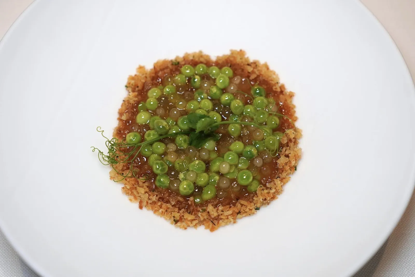 MARESME GREEN PEAS, IBERIAN HAM AND ‘MIGAS DE PASTOR’. Fisan 1920 Green Peas หรือถั่วลูกไก่จาก Maresme ชุดสุดท้ายของฤดูกาลนี้คลุกเคล้าไปกับ Tapioca หรือเมล็ดแป้งมันนุ่มหนึบ รอบ ๆ คือเกล็ดขนมปังที่เชฟตั้งใจให้นึกถึงอาหารพื้นบ้านของประเทศสเปนอย่าง Migas de Pastor เชฟเชื่อมเนื้อสัมผัสของแต่ละองค์ประกอบด้วยครีมที่เตรียมขึ้นมาจากแฮมเนื้อหมู Iberia แบรนด์ Fisan ที่ผลิตแฮมขายอย่างต่อเนื่องมาตั้งแต่ปี 1920 ถึงแม้ว่าอาหารจานนี้มีรสชาติที่เข้มข้นและความหนักท้องที่สูงกว่าจานอื่น ๆ ก่อนหน้าแต่เชฟยังคงรักษาสมดุลของเนื้อสัมผัสออกมาได้อย่างดีเยี่ยม (18/20)