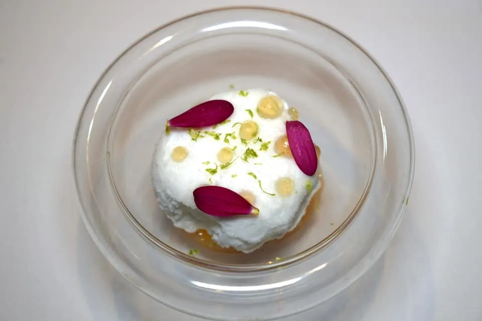 WHITE VERMOUTH SNOW ICE, LEMON AND ROSEMARY. Reus ล้างปากด้วยน้ำแข็งเกล็ดหิมะที่อโรมาของเหล้า White Vermouth เชฟเติมแต่งด้วยรสเปรี้ยวของเลมอนครีม ด้านล่างเป็นเค้กที่เตรียมมาจากมะกอกดำและส้ม (19/20)
