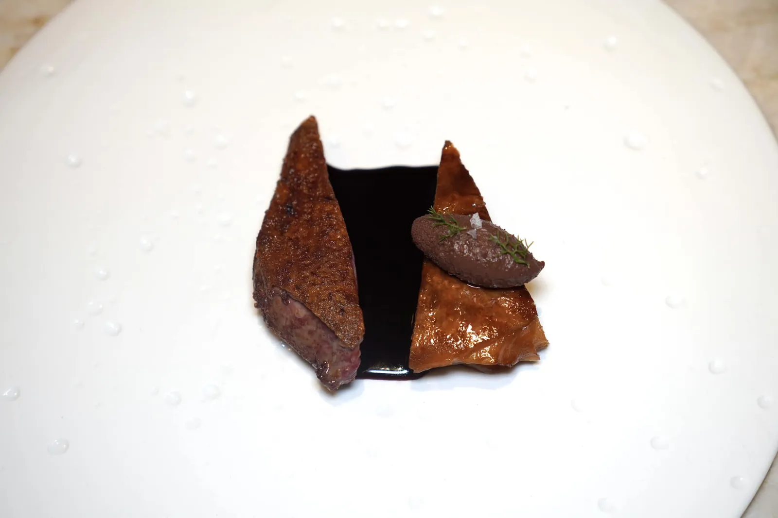 Pigeon • Apionabo • Pâté เนื้อส่วนอกของนกพิราบเตรียมมาอย่างดีสังเกตได้จากความฉ่ำน้องเนื้อนก ด้านล่างคือซอส Jus ที่เตรียมมาจากกระดูกนกพิราบ ข้างกันคือเค้กที่เตรียมมาจาก Apionabo หรือรากของต้นเซเลอรี่ท็อปด้วย Pâté ที่เตรียมมาจากอวัยวะภายในของนกพิราบตัดด้วยความเค็มของดอกเกลือเพียงเล็กน้อย (16/20)