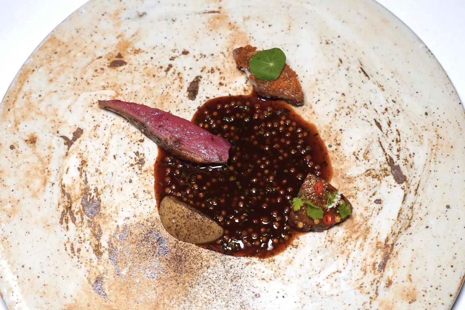 PIGEONSmoked Eggplant, Barley, Turmericเชฟนำเสนอเนื้อนกที่มีความนุ่มและฉ่ำ เพียวเรข้าง ๆ กันเตรียมมาจากมะเขือญี่ปุ่นย่างถ่าน คาเวียร์มะเขือ และผงสีดำที่เตรียมมาจากเปลือกมะเขือย่างแล้ว Dehydrated จนแห้ง อีกฝั่งหนึ่งคือ Rice Cake มีลักษณะเป็นโดมจิ๋วที่เตรียมมาจากข้าวบาร์เลย์หุงสมุนไพร จากนั้นย่างแล้วเกลซด้วยซอสกระดูกนก สุดท้ายคือขานกพิราบห่อกับเนื้อปลาหมักกับเครื่องแกงแล้วกงฟีต่อจนนุ่ม จากนั้นท็อปด้วยครัสต์สมุนไพร และใบ Nasturtium ซอสตรงกลางเตรียมมาจากโครงนกพิราบย่างถ่านแล้วเคี่ยวกับไวน์แดงจนเข้มข้น จากนั้นใส่สมุนไพรป่าแบะเมล็ดมัสจาร์ดดองลงไปอีกทีหนึ่ง (15/20)