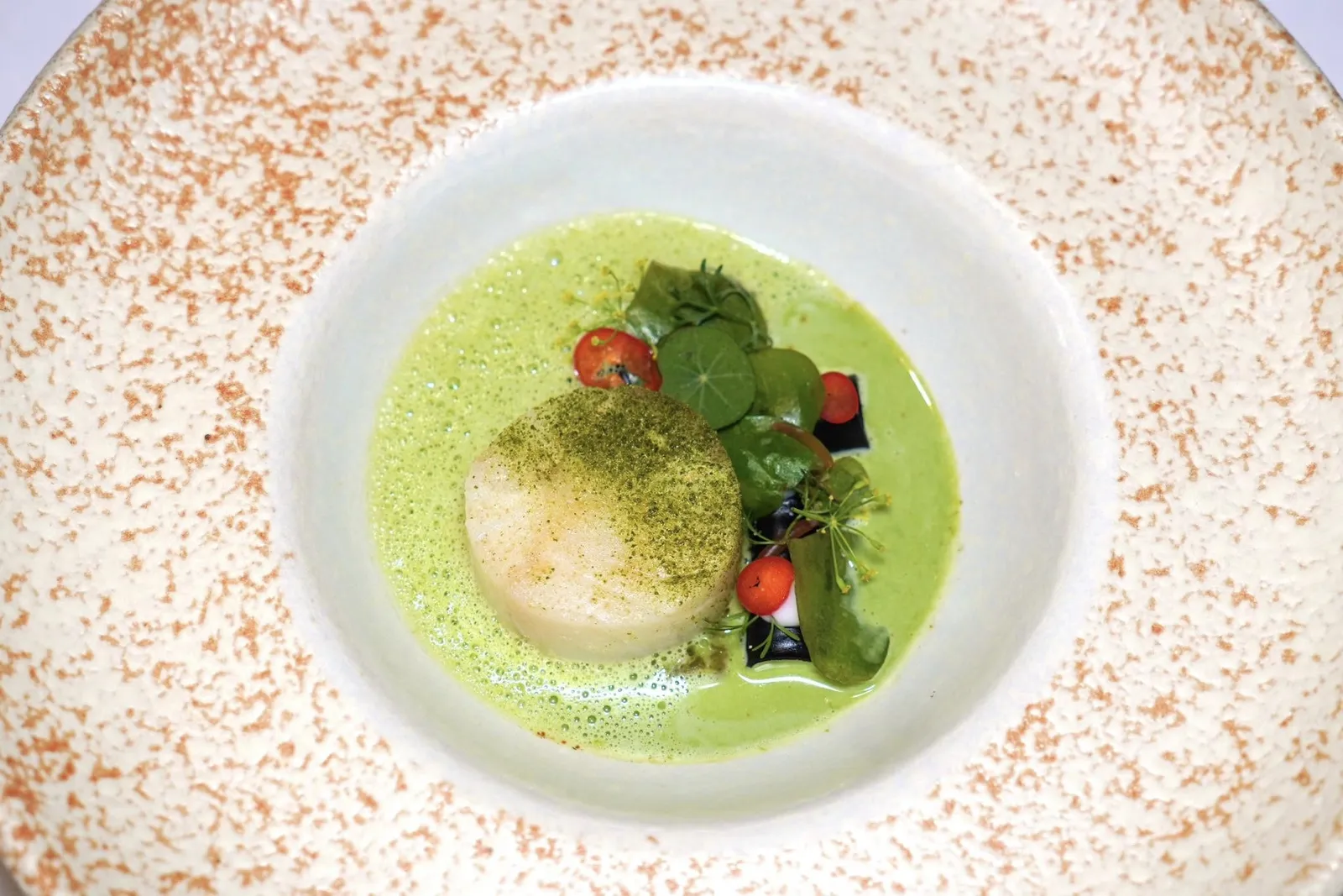 BRITTANY CODSea Plant, Pineapple, Fish Sauceปลาค็อดจากแคว้น Brittany ประเทศฝรั่งเศสที่ผ่านการ Poached จนสุด จากนั้นปรุงแต่งรสด้วยผงสีเขียวของใบมะกรูดคั่วแล้ว Dehydrated จนแห้งและผงสีขาวของกุ้งแห้งคั่วหอม ด้านล่างคือชัทนีย์ที่ได้จากการนำสับปะรดไป Slow-cooked กับขิงอ่อน ผิวมะนาว และน้ำมะนาวสด ชิ้นสีดำคือเส้นขนมจีนโฮมเมดที่เตรียมมาจากหมึกนำไปปั่นเป็นมูส เชฟเพิ่มรสชาติด้วยใบกระสังและใบชะคราม สุดท้ายคือโฟมกะทิที่มีความหอมละมุนจากการ Infused ด้วยเครื่องของขนมจีนซาวน้ำ (15/20)