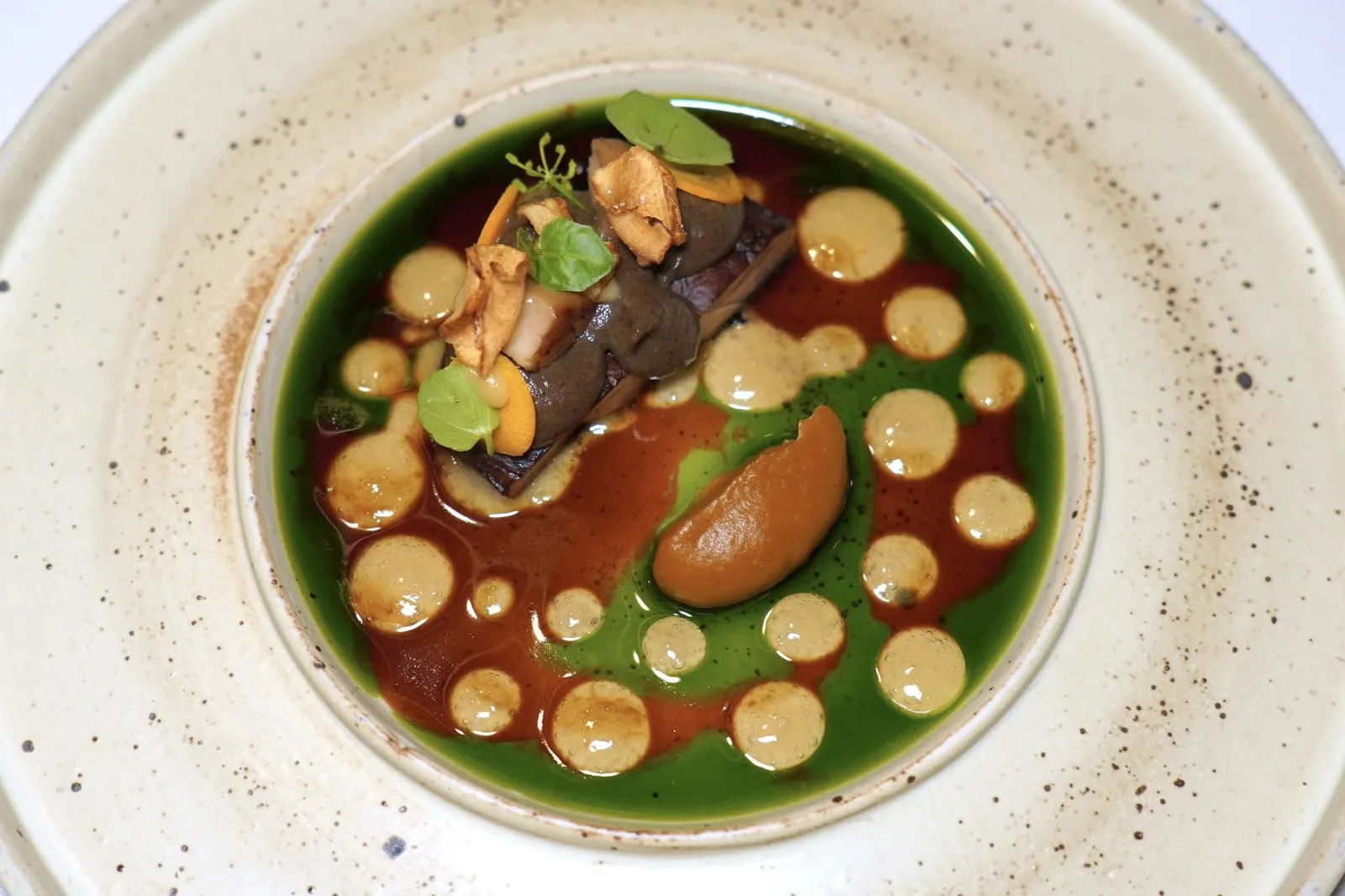 SEASONAL MUSHROOMJapanese Pumpkin, Miso, Burnt Onionเชฟผสมผสานเมนูแกงเลียงเห็ดและหมกเห็ดอีสานโดยใช้เห็ด Potobello นำไปกงฟีต่อด้วยย่างกับไขมันไก่จนได้เนื้อสัมผัสที่นุ่มได้ระดับแต่ยังคงไว้ซึ่งความสู้ฟันเบา ๆ ชั้นกลางคือปาเต้เห็ดเตรียมมาจากเห็ดมอเรล เห็ดแครง สมุนไพร และไวน์ขาวให้ Earthy Aroma ที่โดดเด่น ส่วนชั้นบนสุดคือแก่นตะวันกรอบ ๆ และฟักทองญี่ปุ่นสด เพิ่มความฉุนด้วยใบมัสตาร์ดและผักวอเตอร์เครสจากจังหวัดเชียงใหม่ ในจานมีเพียวเรสีเหลืองที่เตรียมมาจากฟักทองญี่ปุ่นปั่นผสมมิโสะ ซอสในจานสีเข้มสุดเตรียมมาจากน้ำสต๊อกเห็ดที่เคี่ยวกับไวน์ขาวผสมผสานกับหมกเห็ด, สีใสคือหัวหอมใหญ่เผาจนไหม้แล้วนำน้ำของหัวหอมไปต้มกับใบไทม์สด ส่วนสีเขียวคือน้ำมันที่สกัดจากสมุนไพรฝั่งอีสานนั่นเอง (15/20)