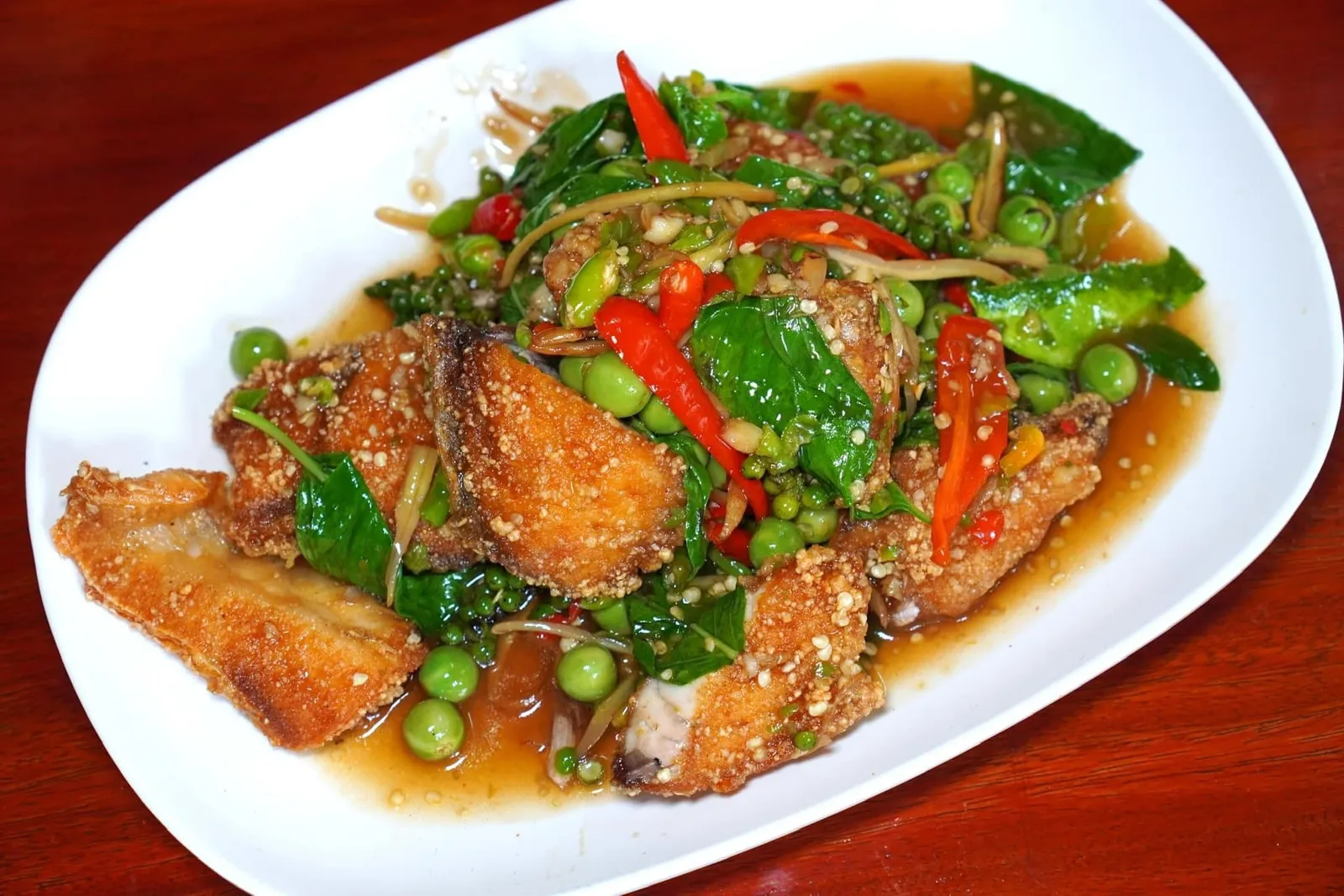ปลากะพงผัดฉ่า (490) Stir fried snapper เนื้อปลากะพงทอดกรอบผัดมาจนได้รสชาติจัดจ้าน เราสามารถสัมผัสได้ถึงความหอมของใบโหระพา ความเผ็ดร้อนของกระชาย และความกรอบของมะเขือเปราะ (14/20)