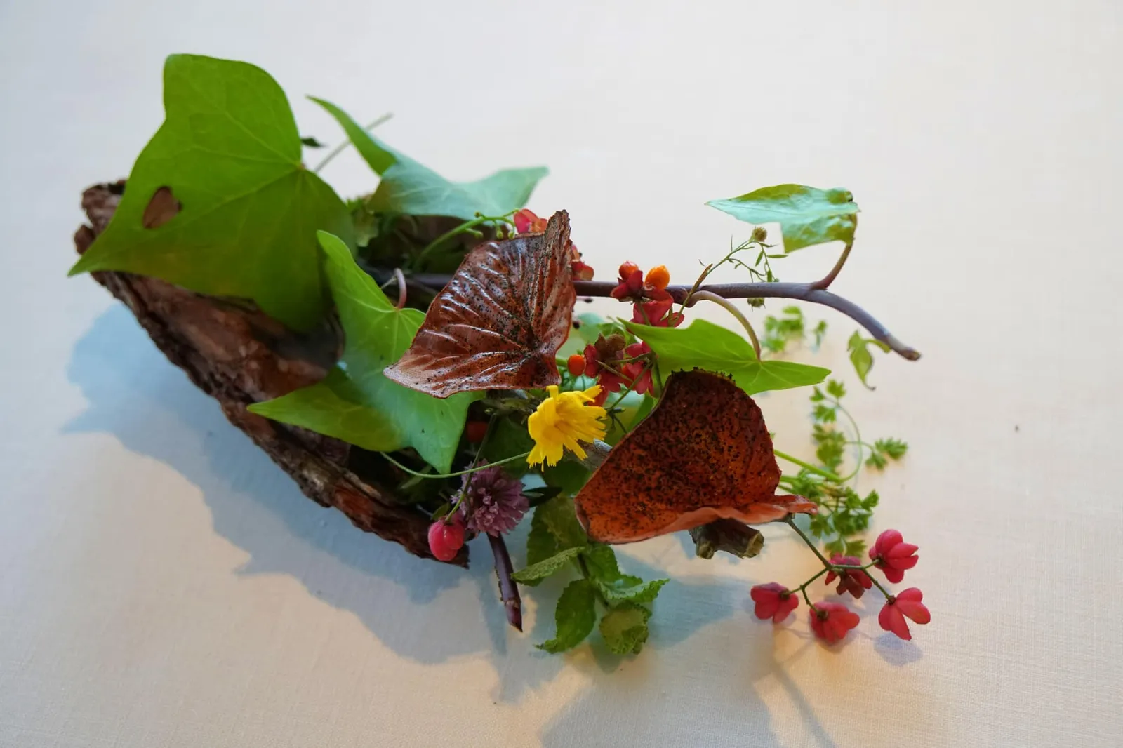 AUTUMN LEAF หลังจากย้ายมานั้งบนโต๊ะเราจะพบกับใบไม้สีแดงวางอยู่ หากไม่สังเกตุก็อาจนึกได้ว่าเป็นของตกแต่งโต๊ะเเต่เเท้จริงแล้ว ใบไม้สีเเดงคืออาหารทานเล่นภายใต้คอนเซปฤดูใบไม้ร่วงทำมาจากมะเขือเทศ มีรสเปรี้ยวอุมามิ เเถมยังดูคล้ายใบไม้จริงๆเสียด้วย (17/20)