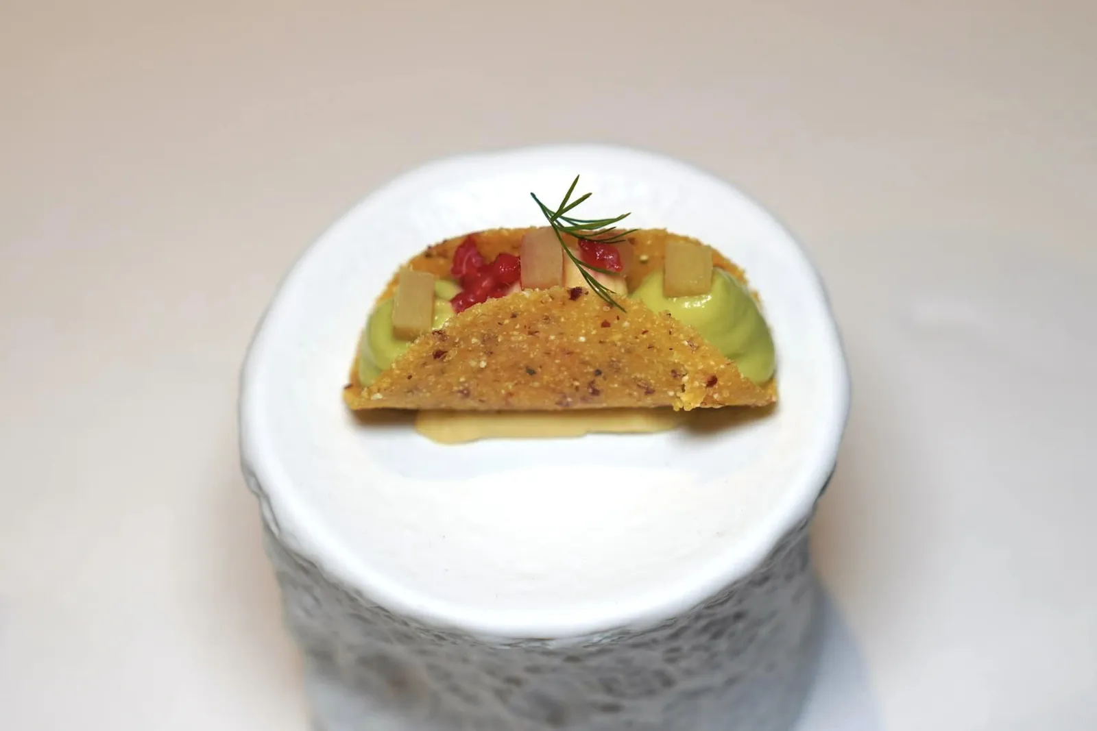 Amuse-bouche เริ่มต้นด้วยมินิทาโก้ที่เตรียมมาจากดอกของถั่วลูกไก่ ตรงกลางคือ Espuma สีเหลืองนวลของถั่วลูกไก่ขนาบข้างด้วย Espuma สีเขียวอ่อนของกัวคาโมเล่หรืออโวคาโด้ เชฟตัดด้วยรสชาติเปรี้ยวและความฉ่ำของราสเบอร์รี่ (18/20)