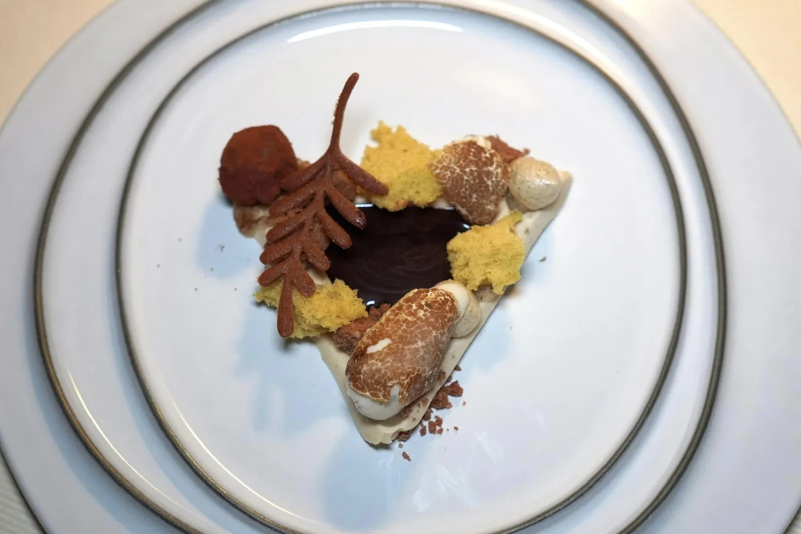Truffle season Praline Hazelnut creamy, Truffle Hazelnut crunchy sponge, Buffalo Yogurt Ice Cream with white Truffle infusion ของหวานจานหลักเป็นเมนูที่อาศัยทรัฟเฟิลเป็นองค์ประกอบสำคัญ องค์ประกอบทรงสามเหลี่ยมคือพราลีนที่เตรียมมาจากถั่วฮาเซลนัทโดยเชฟได้ Infused อโรมาของ White Truffle ลงไปด้วย ด้านบนคือสปองเค้กกรอบ ๆ ที่มีกลิ่นหอมของ Black Truffle ยังมีไอศกรีมโยเกิร์ตนมควายที่ Infused ด้วย White Truffle แล้วแปะด้วยแผ่น White Truffle ที่ด้านบน ตรงกลางคือซอส Dark Chocolate ที่มีอโรมาของ Truffle เช่นกัน อย่างไรก็ตามองค์ประกอบเดียวที่มีอโรมาของเห็ดพอร์ชินี่โดยไม่มีอโรมาของ Truffle ใส่มาด้วยคือเมอแรงก์ชิ้นจิ๋วนั่นเอง (20/20)