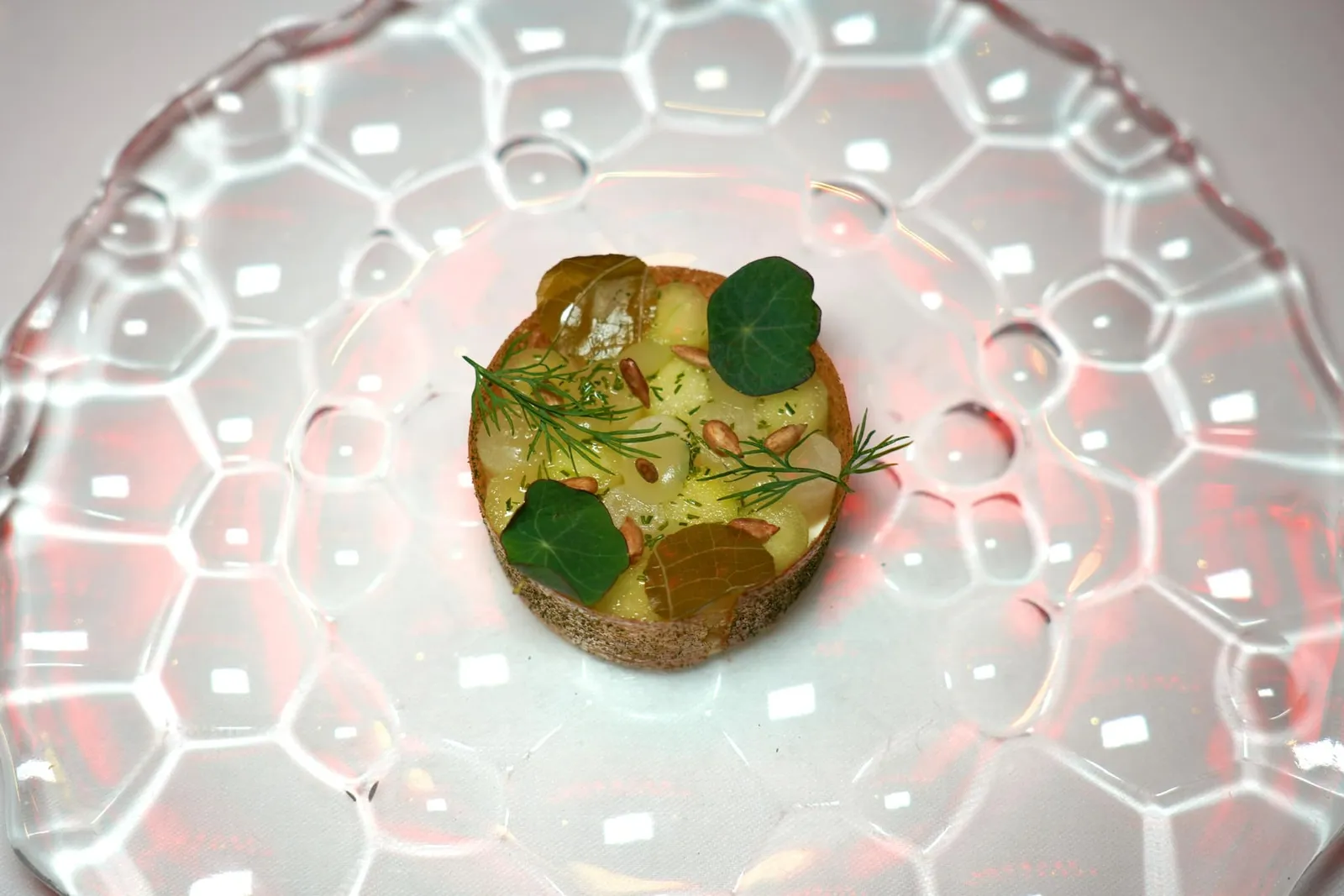 Kohlrabi - Apple - Sour Cream จานนี้เชฟเสิร์ฟมาเป็นองค์ประกอบของแอปเปิ้ลเขียว ด้านบนท็อปด้วยครีมแอปเปิ้ลเขียว ด้านล่างคือซาวครีมให้รสเปรี้ยวและครีมมี่มาสร้างมิติทางรสชาติ นอกจากนี้ยัง Kohlrabi ล้อมรอบช่วยเพิ่มมิติความกรอบอีกด้วย (17/20)