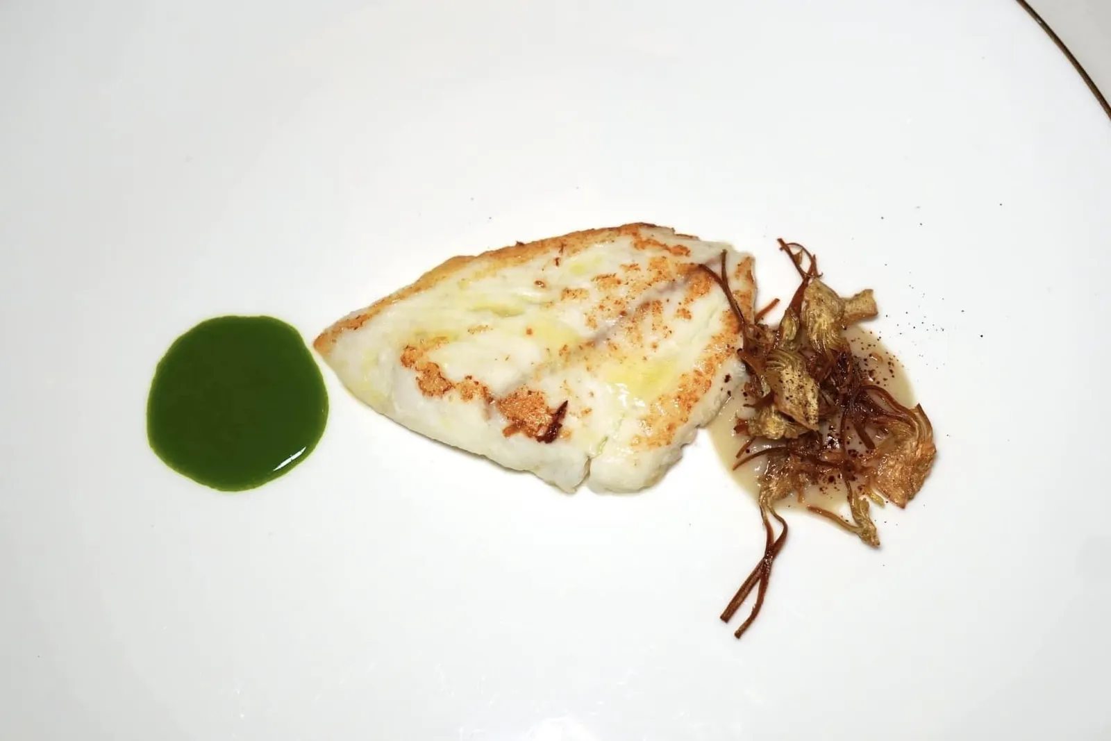 Turbot ปลาเทอร์บอทปรุงสุกพอดีจนได้เนื้อสัมผัสเคี้ยวสู้ฟัน เชฟเสริมด้วยรสชาติของอาร์ติโชคแก่นตะวันสองรูปแบบและ Vegetable Sauce สีเขียวที่เตรียมมาจากผักหลายชนิด (14/20)
