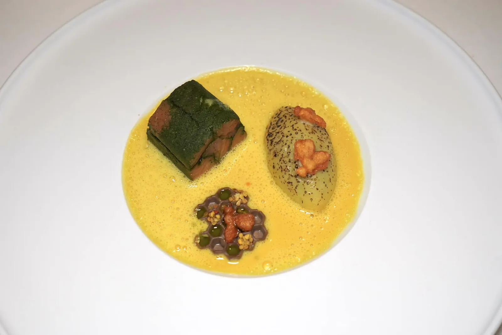 SALMON TROUT FROM SPARSBACH SAFFRON FROM ALSACE - PROPOLIS - STUFFED BUEWESPAETZLE - MUSHROOMS ปลาเทร้าต์จากเมือง Sparsbach ปรุงให้ได้ระดับด้วยอุณหภูมิ 46 องศาเซลเซียสเพื่อให้เนื้อสัมผัสยังคงไว้ซึ่งความฉ่ำและเนียน ข้าง ๆ กันคือ Buewespaetzle ซึ่งเป็นพาสต้ามันฝรั่งท้องถิ่นที่เชฟปรับรูปแบบการนำเสนอใหม่ให้มีความร่วมสมัยมากยิ่งขึ้น ด้านในสอดไส้เห็ดและไข่ปลาเทร้าต์สร้างมิติทางเนื้อสัมผัสที่ซับซ้อน ส่วนซอสสีเหลืองมีส่วนผสมของแซฟฟรอนจากแถบ Alsace ให้อโรมาหอม ๆ เฉพาะตัว ด้านล่างของจานคือ Propolis หรือกาวชันผึ้งให้รสชาติขมเบา ๆ นั่นเอง (18/20)