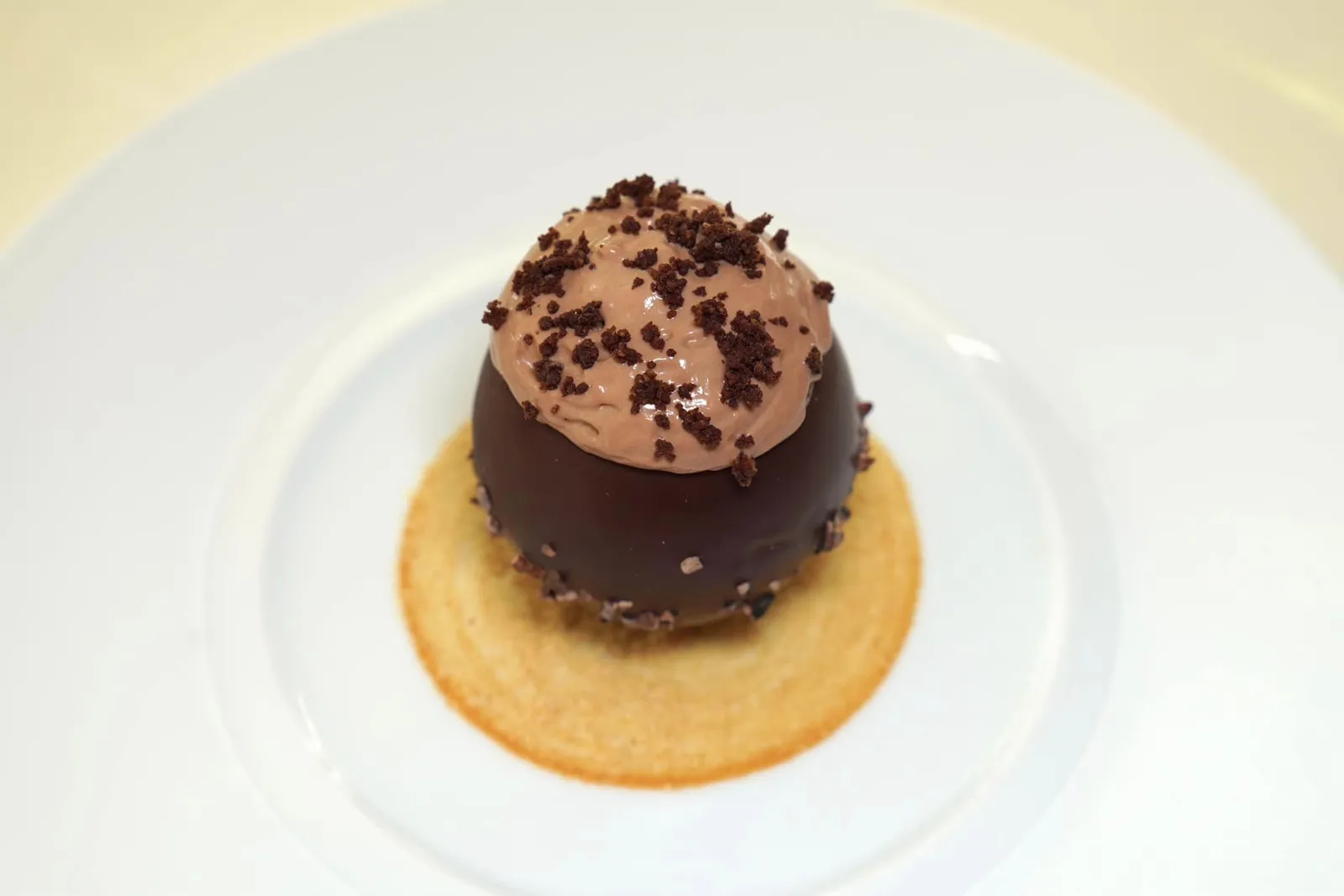 Le chocolat Macaé du Brésil en textures, noisettes du Piémont en praliné à l'ancienne เชฟอาหารหวาน Pascal Haingue ได้ออกแบบของหวานโดยใช้ Macaé Chocolate จากประเทศบราซิลเสิร์ฟมาในหลากหลายเนื้อสัมผัสให้ทั้งความละมุนและกรุบกรอบควบคู่ไปกับถั่วฮาเซลนัทจากแคว้น Piedmont ประเทศอิตาลีเสิร์ฟมาในลักษณะของพราลีนดั้งเดิม (18/20)