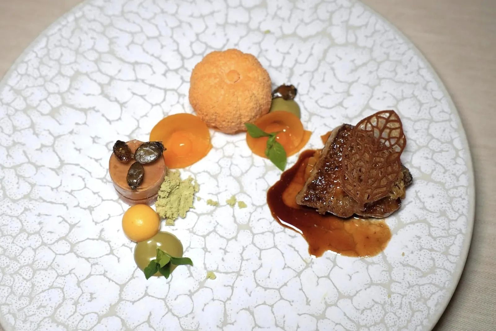 🥄 COURSES Foie Gras with Pumpkin and Rivesaltes เริ่มต้นคอร์สแรกอย่างเป็นทางการด้วยฟัวกราส์ตับห่านจี่บนกระทะจนสุกพอดีให้ความครีมมี่ที่พอเหมาะ ข้าง ๆ กันคือฟักทองปลอมที่เตรียมขึ้นมาจากมูสตับห่านเนื้อเนียนละมุน ยังมี Pate ตับห่านที่ท็อปด้านบนด้วยเมล็ดฟักทองคั่ว สปองและครีมสีเขียวเตรียมมาจากเมล็ดฟักทองเช่นกัน สุดท้ายคือองค์ประกอบของฟักทองดองบาลานซ์รสชาติทั้งเปรี้ยวหวานได้อย่างลงตัวไร้ที่ติ (18/20)