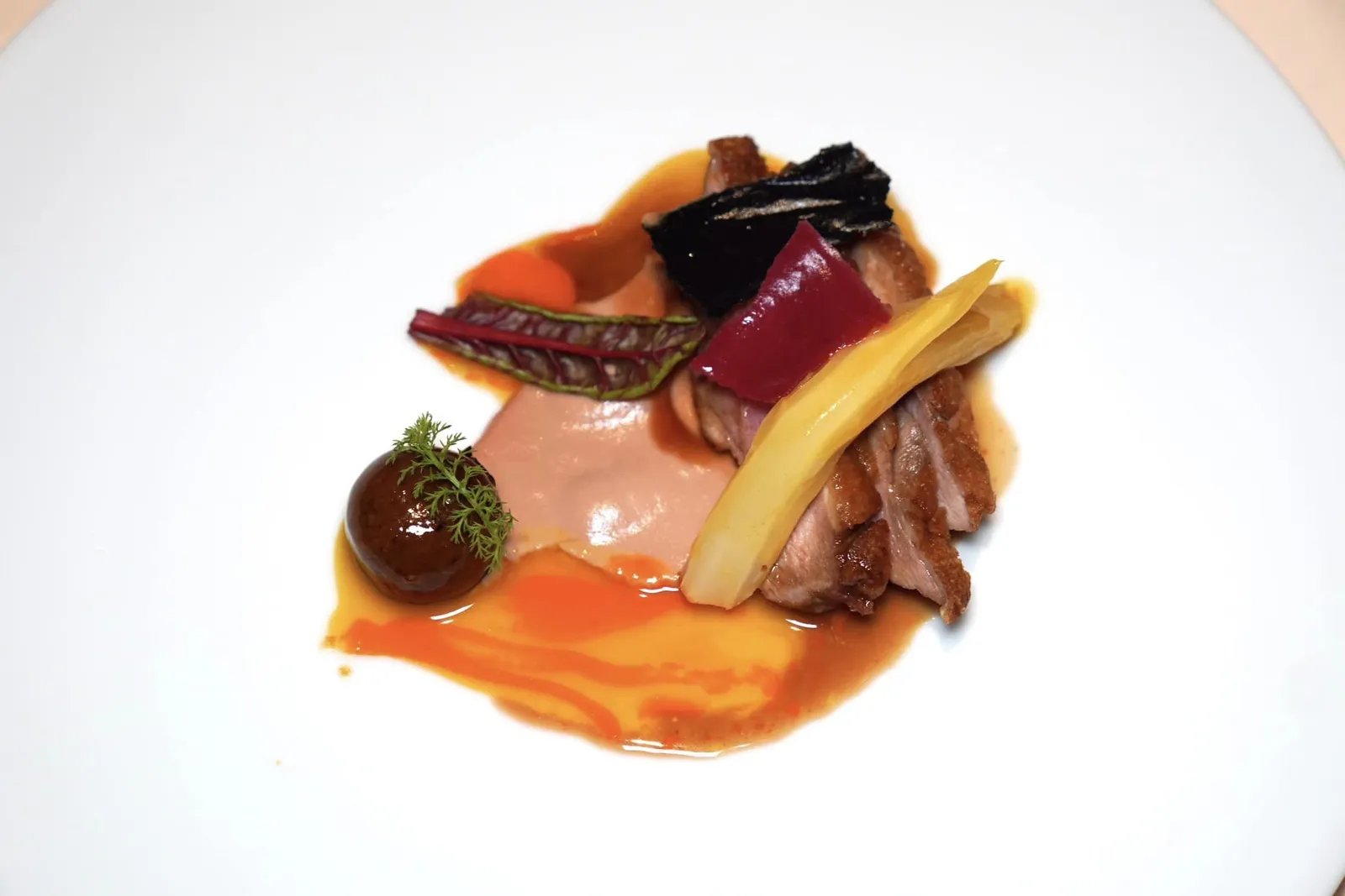 Duck breast with passion fruit, endive and parfait of its liversอกเป็ดเสิร์ฟมากับซอสที่มีความเปรี้ยวของเสาวรส เชฟจับคู่มาด้วยกันกับ Endive กรอบ ๆ มีรสชาติขมตามธรรมชาติ นอกจากนี้ยังมี Parfait ตับเนื้อเนียนบะมุนให้ความครีมมี่ตัดกันกับความเข้มข้นของตัวซอส (17/20)