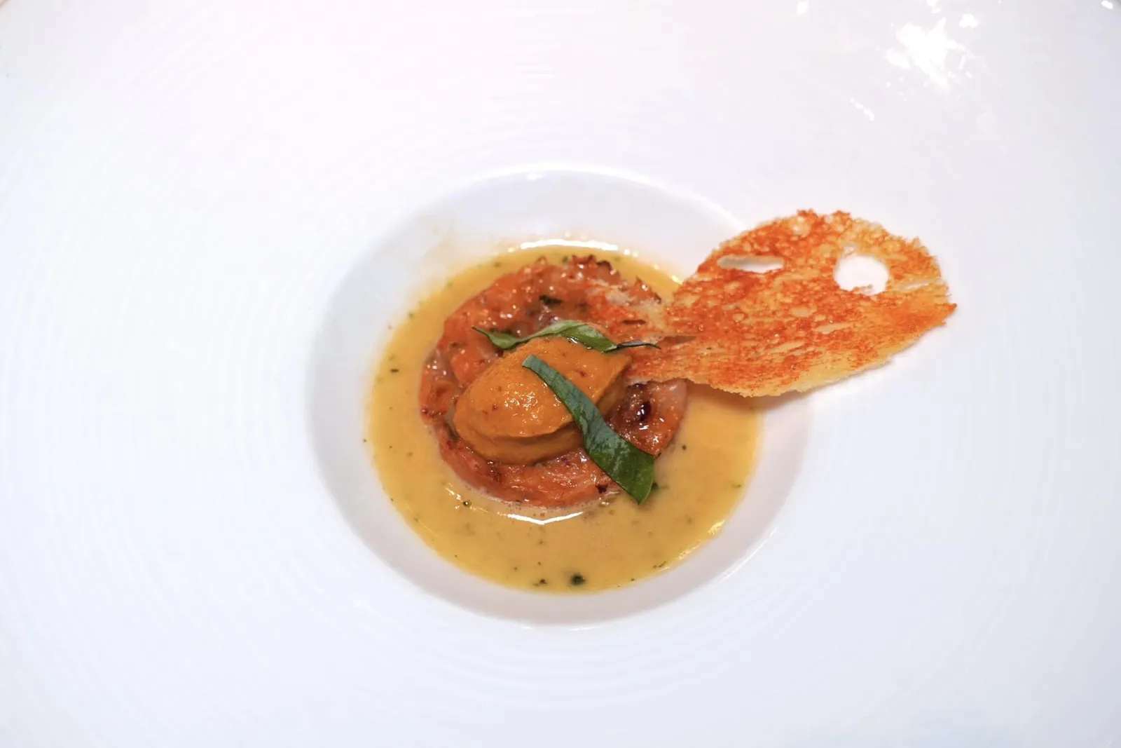 En guise de patience, poisson clown !Red Mullet Tartare หรือเนื้อปลาที่สับมาเป็นทาทาร์ เชฟเตรียมมาดีมากจนได้เนื้อสัมผัสที่เกือบจะละลายไปในปาก องค์ประกอบรอบ ๆ คือซอสหอม ๆ รสชาติเข้มข้น ด้านบนคือเนยขาวที่ใส่ส่วนผสมของสมุนไพรลงไปให้กลิ่นหอม สุดท้ายคือความกรอบของขนมปังทาด้วยมันล็อบสเตอร์ย่างนั่นเอง (20/20)