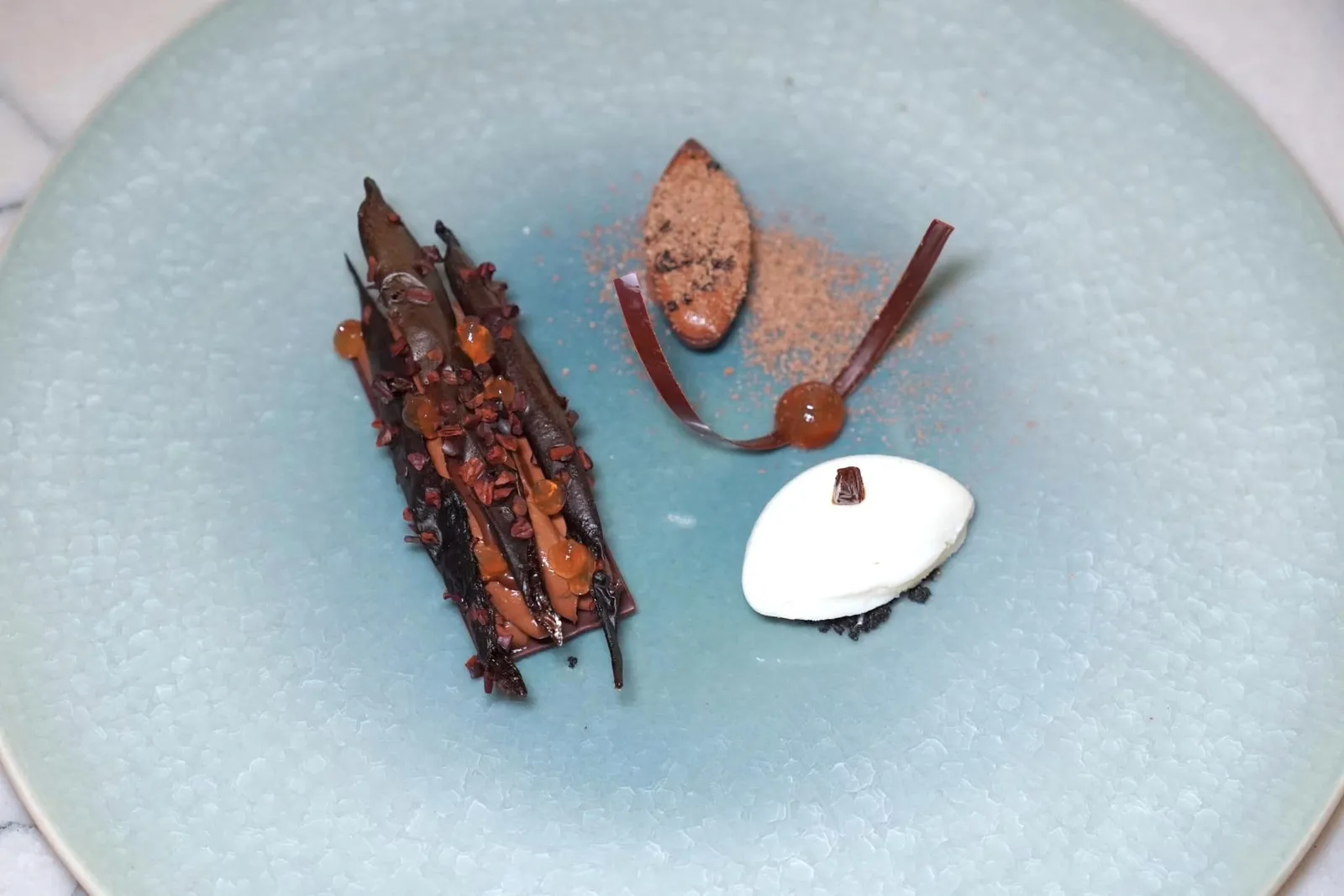 « FLEUR DE LOIRE » CHOCOLATEcocoa flower, mucilage condiment, candied fresh bean, bitter cocoaช็อกโกแลตเข้มข้น 70 % จากประเทศเปรูเสิร์ฟมาเป็นไอศกรีมและครีม องค์ประกอบของดอก Cocoa Flower เสิร์ฟมาเป็นซอร์เบท์สีขาวโดยพนักงานแนะนำให้ตักชิมส่วนนี้ก่อน ยังมีองค์ประกอบของฝักโกโก้เผาและเนื้อโกโก้ จากนั้นพนักงานจะทำการฝนโกโก้จนละเอียดลงไปในจานเป็นอันพร้อมชิม (19/20)
