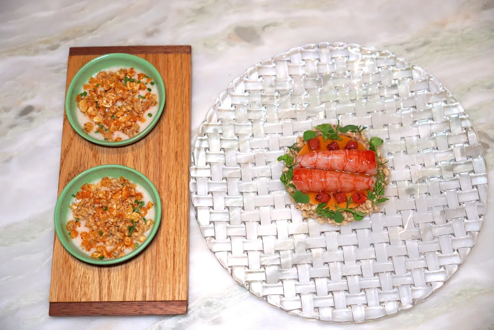 🥄 STARTERSCarabineros - Barley - Herbsกุ้งแดงคาราบิเนโรนำเข้าจากประเทศสเปน รองด้านล่างด้วย Nage ที่เตรียมมากับกุ้งล็องกูสทีนและเจลลี่เกรปฟรุตชมพู (15/20)