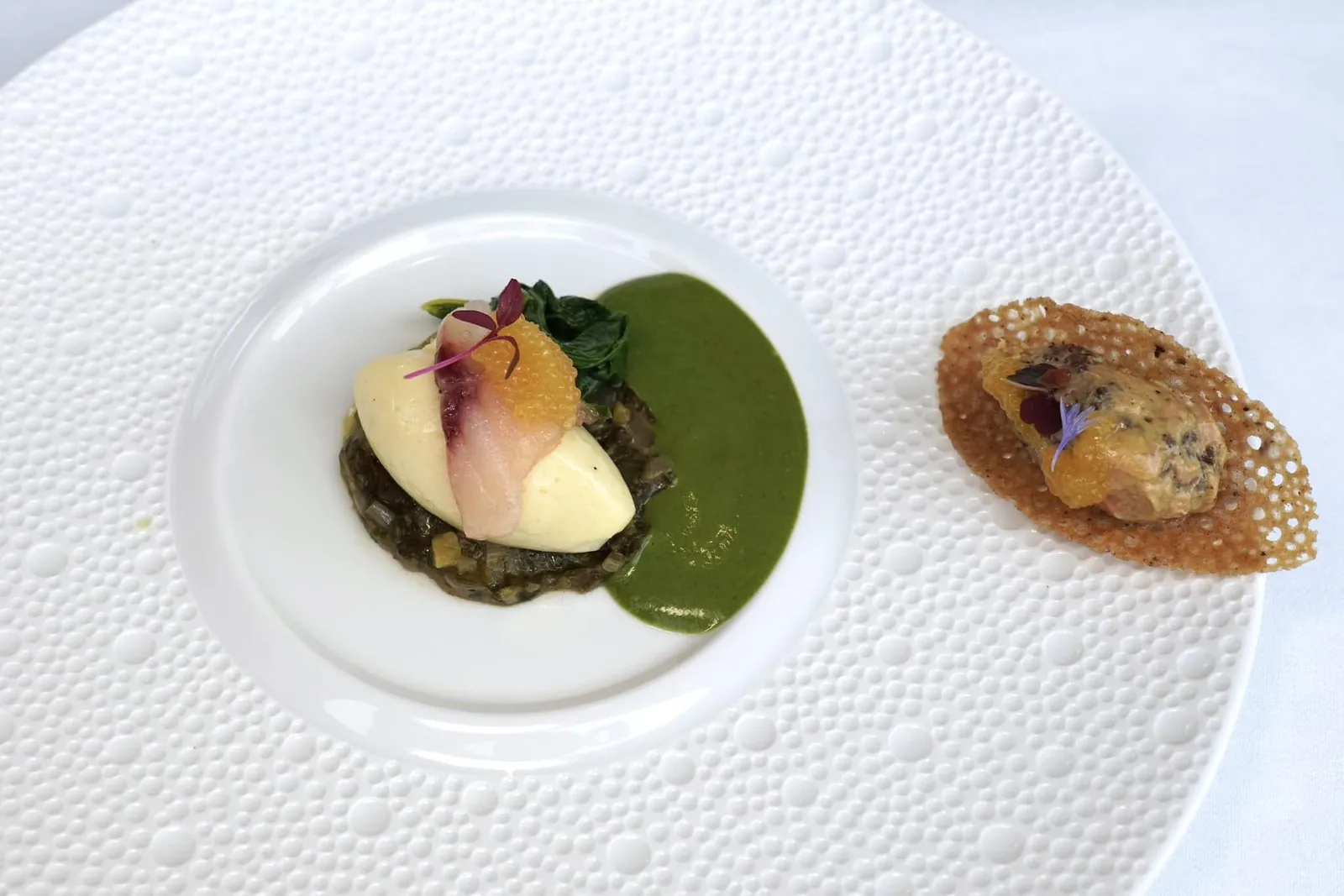 Fish from our riversMousseline / devil sauce / smoked pike egg / herbaceous concentrateสำหรับเมนูปลาเชฟเลือกใช้ปลา Pike เสิร์ฟมาเป็น Quenelle เนื้อเนียนและมีกลิ่นหอม เชฟยังสร้างมิติทางเนื้อสัมผัสโดยการใส่ซาชิมิของปลา Amberjack สด ๆ ท็อปไว้ที่ด้านบน ยังมีไข่ปลา Pike รมควันใส่มาด้วยกัน ที่โต๊ะพนักงานจะเทราดซอสที่มีสีเขียวของใบ Chard ลงไป ข้างกันคือคือขนมปังกรอบท็อปด้านบนด้วยองค์ประกอบของ Pâté ปลาและไข่ปลา Pike รมควันหอมมัน (16/20)