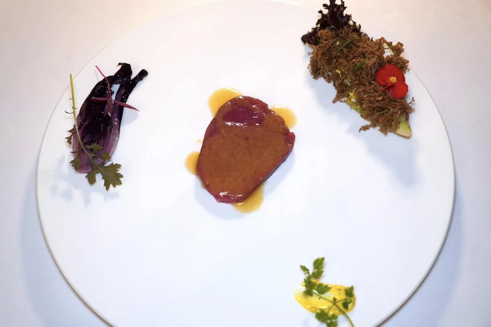 Filet in Torrengo styleMassimo Torrengo เป็นอาจารย์เชฟคนแรกของเชฟ Gabriele Boffa จึงเป็นสาเหตุให้เขารังสรรค์เมนูนี้ขึ้นมาเพื่ออุทิศให้กับเชฟ Massimo Torrengo นั่นเอง เนื้อวัวผ่านการหมักและรมควันจนหอม ด้านล่างมีซอสแอบอยู่ซึ่งเชฟเตรียมมาจาก Porto, Vermouth & Cognac Reduction ให้รสชาติที่ไม่จัดจ้านนักแต่แลกมาด้วยความซับซ้อนและมิติทางรสชาติ จากนั้นท็อปด้านบนด้วย Butter Flavoured Onion Broth หรือซอสหัวหอมที่มีความหอมมันของเนยนั่นเอง องค์ประกอบอื่นคือผักกาด Lettuce เสิร์ฟมากับซอส Béarnaise และเห็ดทรัฟเฟิล ยังมีชิ้นแรดิชต้มช่วยเสริมมิติความขมที่พอเหมาะ (17/20)