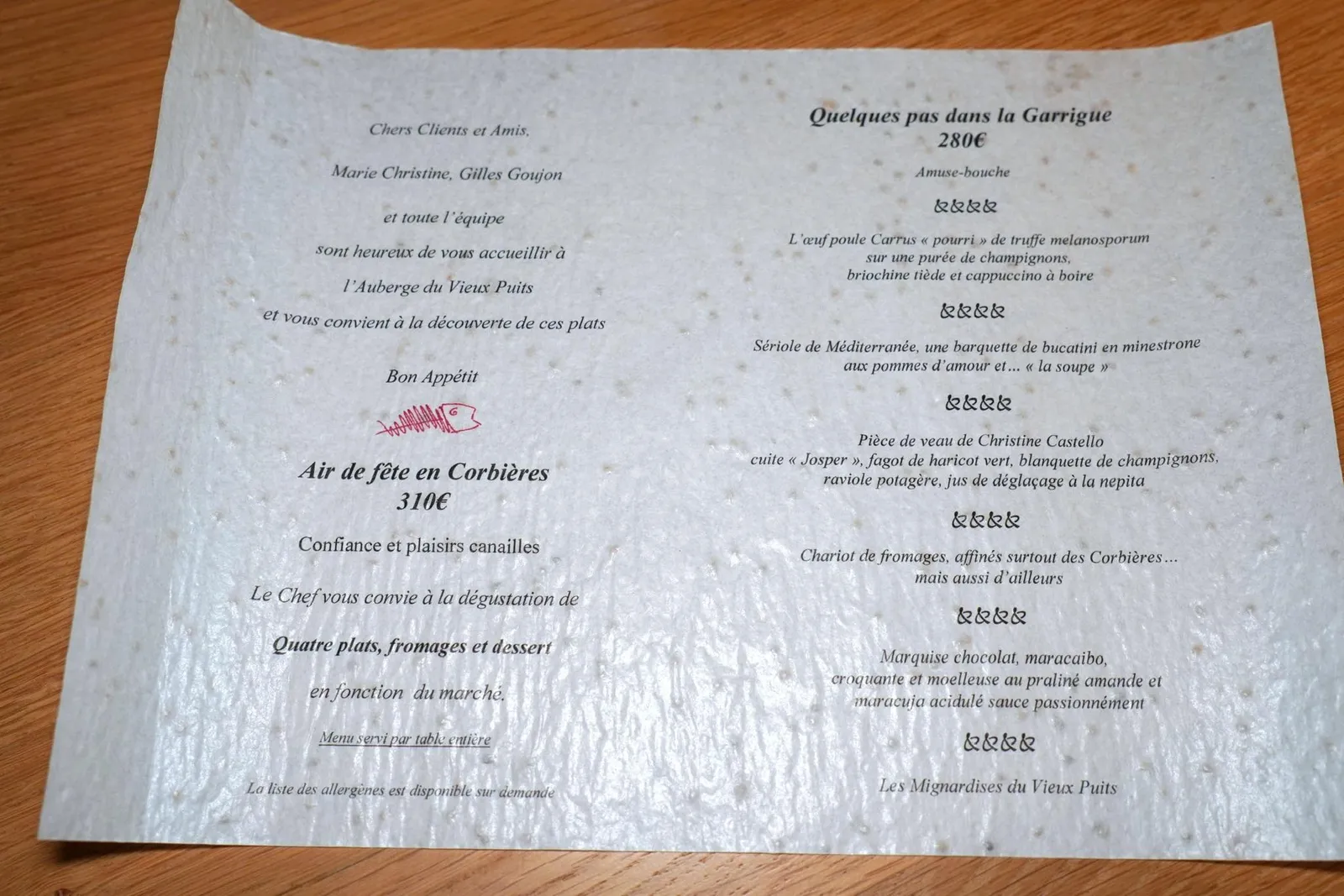 📃 MENU QUELQUES PAS DANS LA GARRIGUE (280 €)