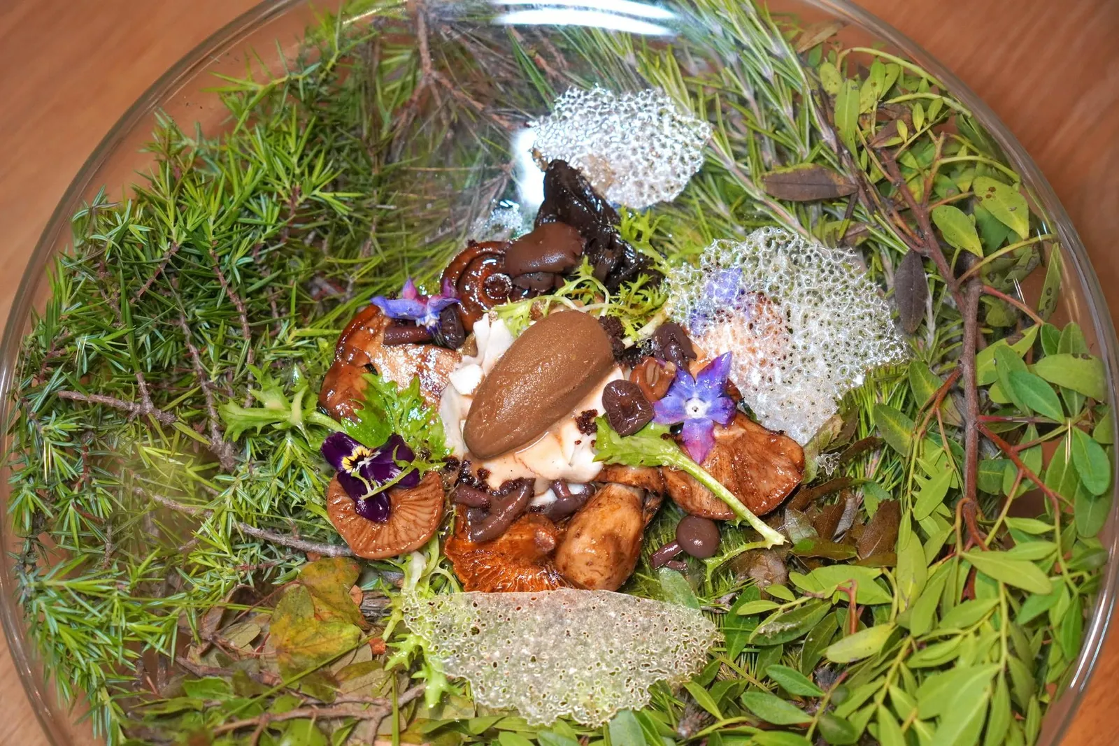 Assiette sauvage de champignons, Roquette, pissenlits et ses fleursตรงกลางคือ Cèpes Ice Cream หรือไอศกรีมเห็ดและ Carpaccio เห็ดฝานมาเป็นชิ้นบาง ๆ จากนั้นท็อปด้วย Crystallized Mushroom Powder มีลักษณะเป็นแผ่นบาง ๆ กึ่งกรอบกึ่งหนึบ (17/20)