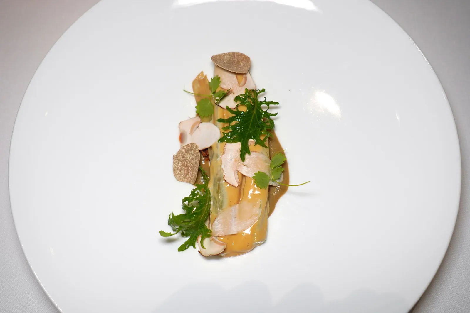 CARDOON, VIN JEUNETristle หรือคาดูนเป็นพืชเป็นพืชที่คล้ายกันกับอาร์ติโชคโดยเชฟจะเลือกก้านส่วนหนามาใช้ประกอบอาหารให้ความสู้ฟันแต่ไม่เหนียวตัดกันกับความกรอบของถั่วฮาเซลนัท เชฟจับคู่กับ Earthy Flavour ที่ได้จากเห็ดดิบ ด้านบนท็อปด้วยทรัฟเฟิล ส่วนซอสรอบ ๆ เตรียมมาจาก Vin Jeune นั่นเอง (16/20)