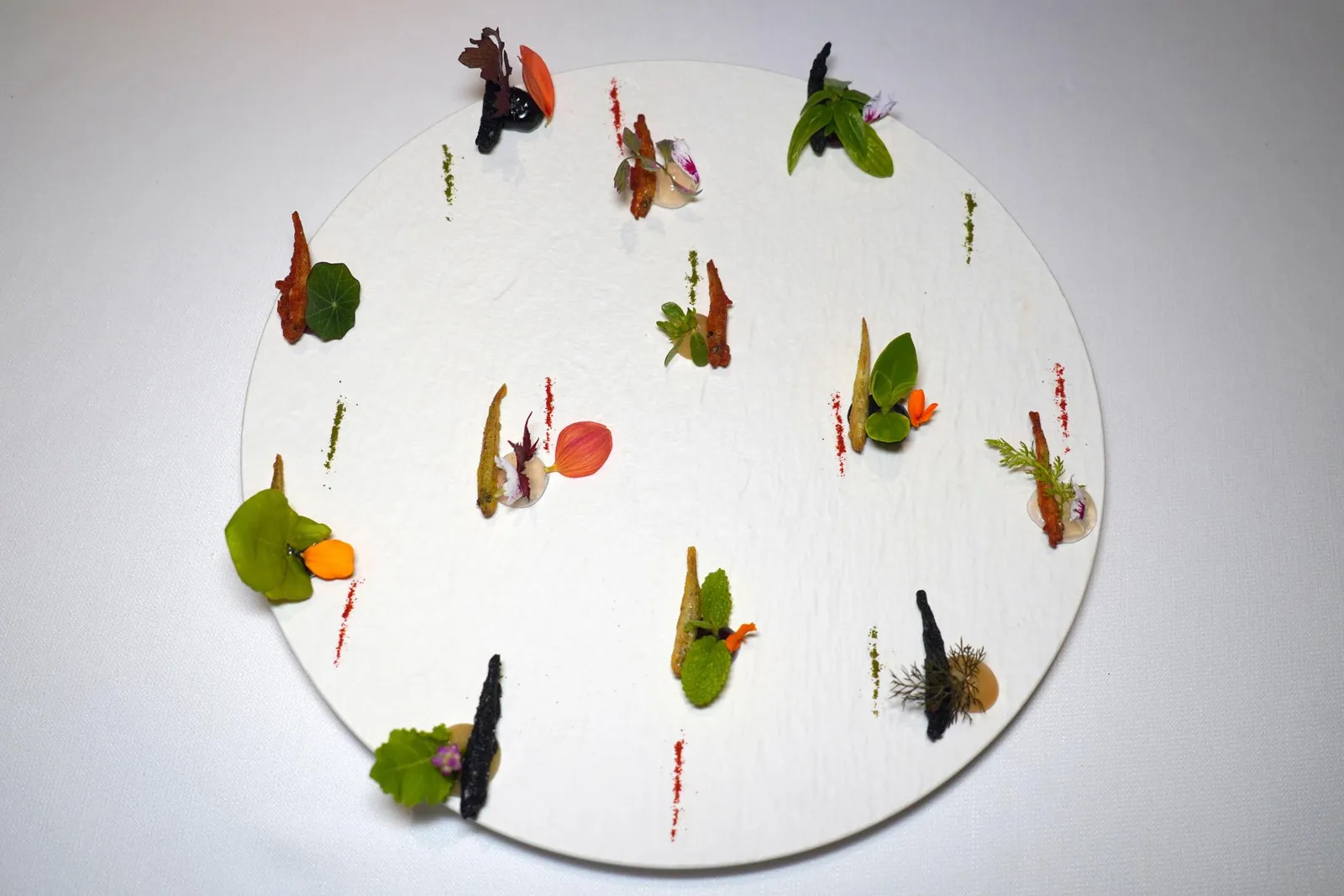 SAND SMELT AND SAUCESคอร์สนี้เป็น Signature Dish ที่ผสมผสานวัตถุดิบจาก Tuscany บ้านเกิดของเชฟเข้ากันกับวัตถุดิบท้องถิ่นของ Venice ได้อย่างลงตัว องค์ประกอบหลักคือปลา Acquadelle ขนาดเล็กที่จับจากแถบ Venice ทอดในสไตล์เทมปุระจนกรอบเคี้ยวได้ทั้งตัว ชิ้นที่มีสีแดงได้สีมาจาก Peperone di Senise หรือพริกหวานจากตอนกลางของประเทศอิตาลี ชิ้นสีดำได้สีมาจากดีหมึก (16/20)