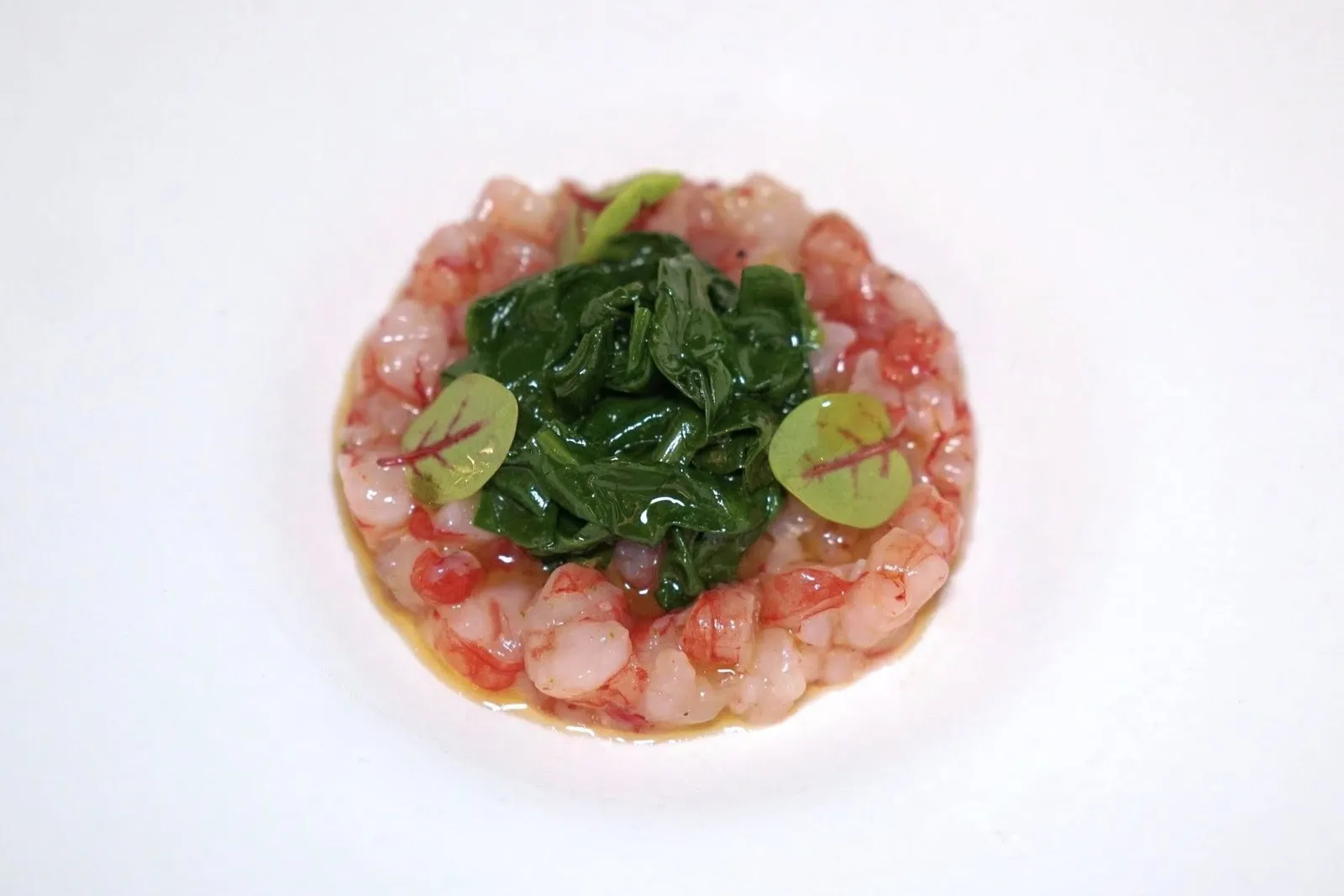 SICILIAN RED PRAWN (1,350++)Tartar with sauteed cold baby spinach in olive oil and lemonกุ้งแดงจากแคว้น Sicily ทางตอนใต้ของประเทศอิตาลีสับแล้วเสิร์ฟมาแบบดิบควบคู่ไปกับน้ำมันมะกอกและเลมอน ด้านบนท็อปด้วยผักปวยเล้งอ่อนผัดจนนุ่มหอม
