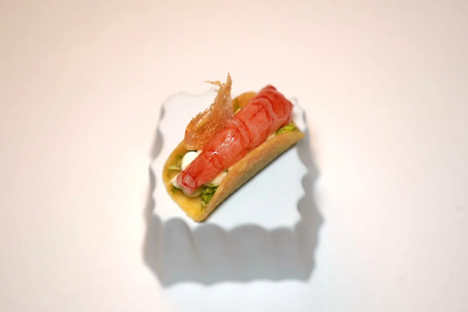 AMUSE-BOUCHEเมนูที่เป็นตัวแทนของแถบ Garfagnana เสิร์ฟมาเป็นทาโก้กรอบที่บรรจุผักสลัดจากสวนไบโอไดนามิคของทางร้านและซอสซิตรัสมายองเนส ด้านบนคือ Rose Shrimp หรือเนื้อกุ้งกุหลาบหวาน ๆ ตัดด้วยความกรอบของกุ้ง Fassina Shrimp ทอดข้าง ๆ กัน (17/20)