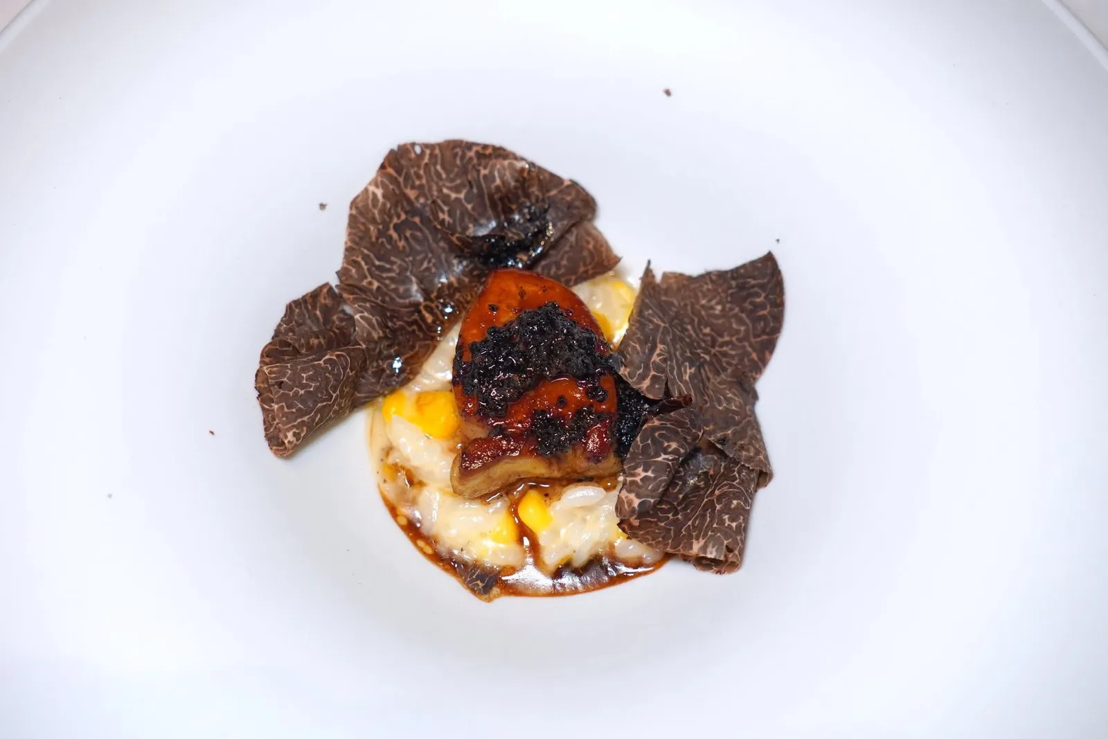 🥄 RISOTTOFoie gras / Sweet corn / Black truffleรอบ ๆ คือซอสที่เตรียมมาจากไวน์แดงและน้ำสต๊อกเนื้อให้รสชาติที่เข้มข้นเข้ากันดีกับพริกไทยดำ จากนั้นจึงขูดเห็ดทรัฟเฟิลจากออสเตรเลียลงไปด้านบน