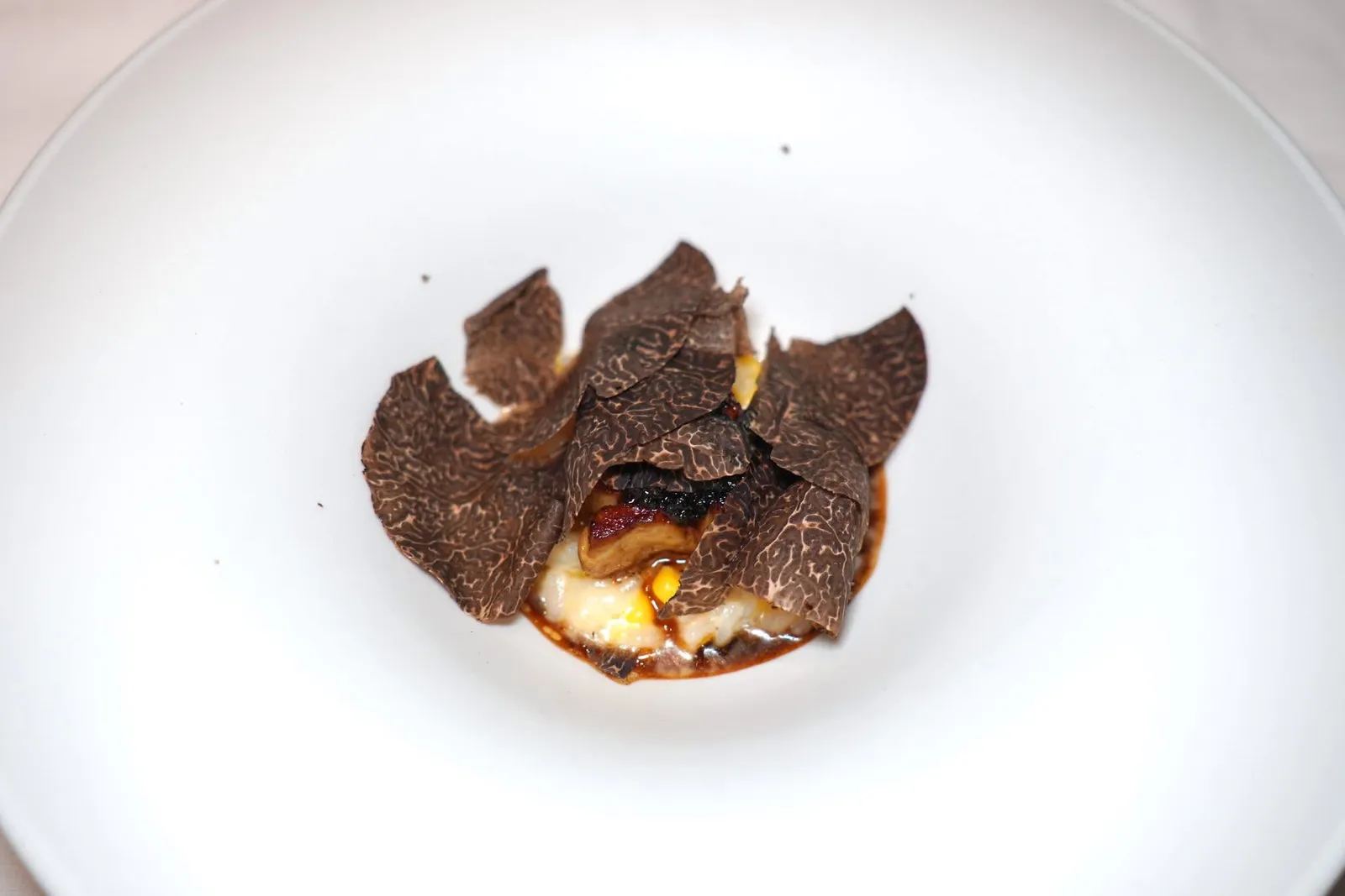 🥄 RISOTTOFoie gras / Sweet corn / Black truffleรอบ ๆ คือซอสที่เตรียมมาจากไวน์แดงและน้ำสต๊อกเนื้อให้รสชาติที่เข้มข้นเข้ากันดีกับพริกไทยดำ จากนั้นจึงขูดเห็ดทรัฟเฟิลจากออสเตรเลียลงไปด้านบน