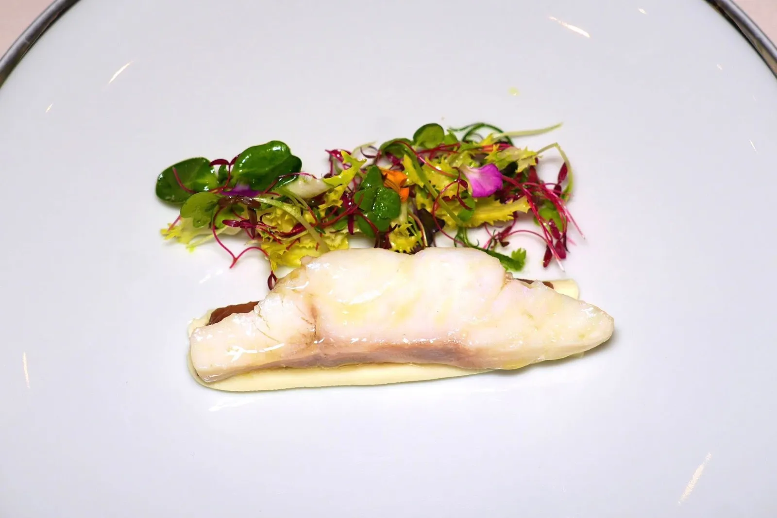 Royal dentex, mascarpone cheese, Cantabric anchovies, sprouts saladปลา Dentex ปรุงให้สุกด้วยระยะเวลาและอุณหภูมิที่พอเหมาะกับเนยที่มีอโรมาของทาร์รากอนจนสามารถคงไว้ซึ่งความนุ่มฉ่ำของเนื้อปลา ด้านล่างรองด้วยปลาแอนโชวีจากทะเล Cantabrian ให้รสเค็มที่กลมกล่อมและครีมชีส Mascarpone ให้ความหวานเบา ๆ จากนั้นเติมแต่งด้วยความเปรี้ยวของ Lemon Reduction อีกฝั่งหนึ่งคือสลัดผักใบและดอกไม้ต่าง ๆ ช่วยสร้างความาดชื่นได้ดี (19/20)
