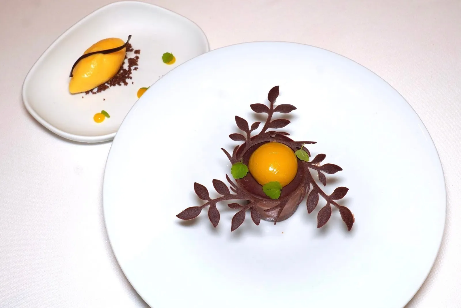 Chocolate sugar, cocoa air, bitter orange, Cointreauของหวานจากหลักคือ Chocolate Sugar บาง ๆ ล้อมรอบองค์ประกอบตรงกลางอย่างโฟมโกโก้ ยังมีเค้กที่ปรุงรสชาติด้วยเหล้า Cointreau ใส่มาด้วย ด้านบนคือเจล Bitter Orange ให้รสชาติเปรี้ยวขมเข้ากันกับช็อกโกแลตได้อย่างลงตัว ในถ้วยจิ๋วคือไอศกรีมส้มรองด้วยครัมเบิ้ลช็อกโกแลต ข้าง ๆ กันเจลที่ผสมผสานน้ำส้มและ Cointreau เข้าด้วยกัน (17/20)